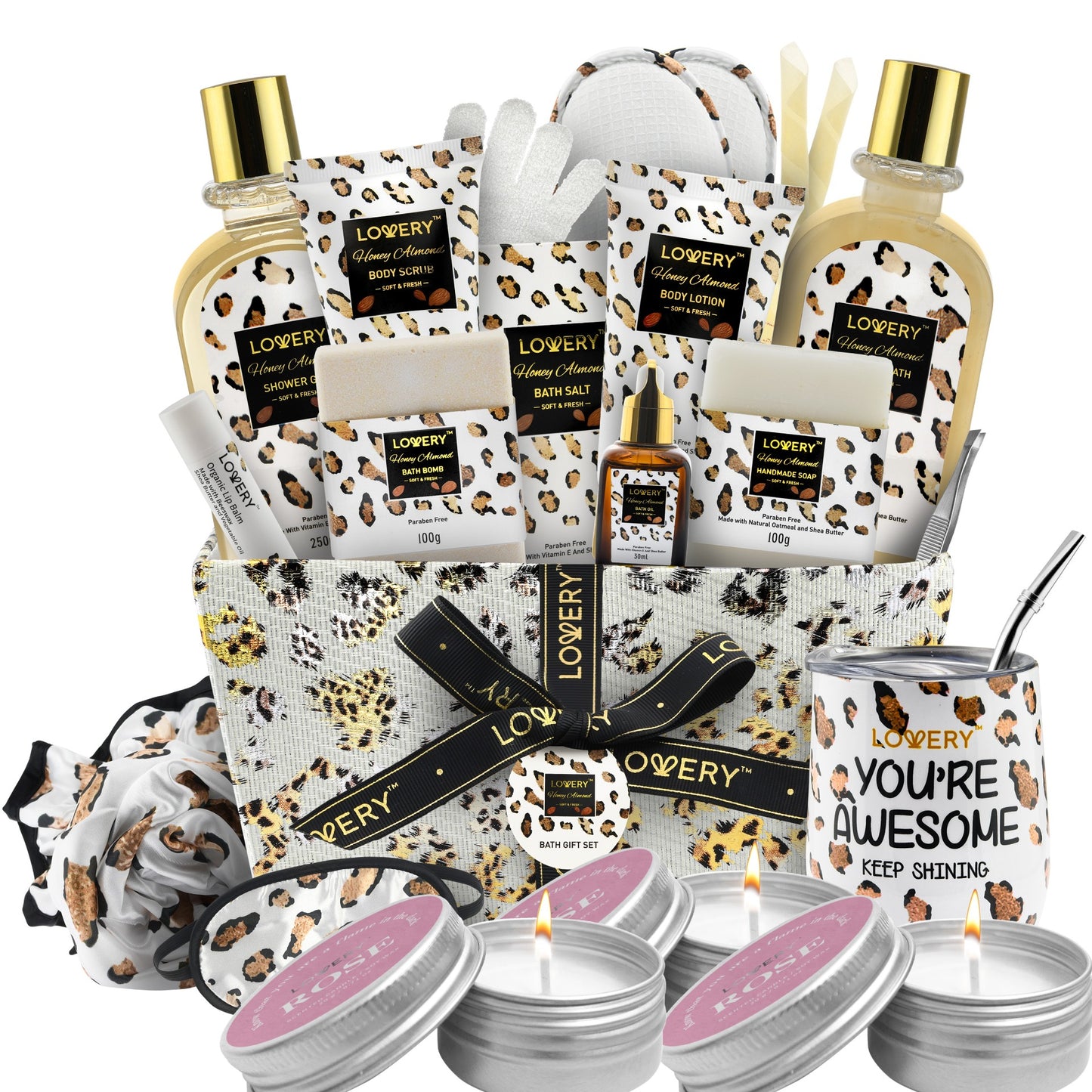 Honey Almond Home Spa Kit - 24Pc Deluxe Bath and Body Leopard Print Gift Basket