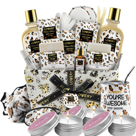 Honey Almond Home Spa Kit - 24Pc Deluxe Bath and Body Leopard Print Gift Basket