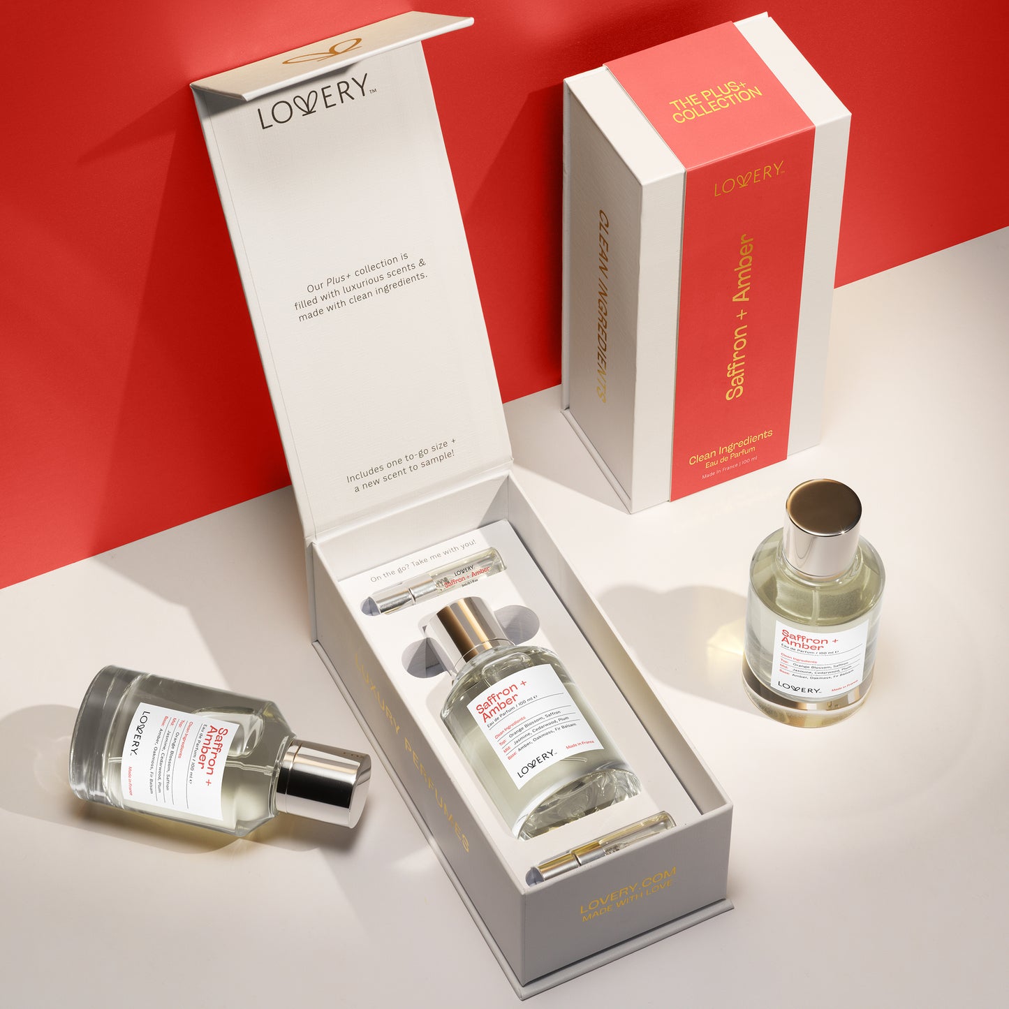 LoveryPlus Saffron + Amber Eau de Parfum 3pc. Fragrance Gift Set - Inspired by Maison Francis Kurkdjian Baccarat Rouge 540, 3.4 fl oz Perfume Spray