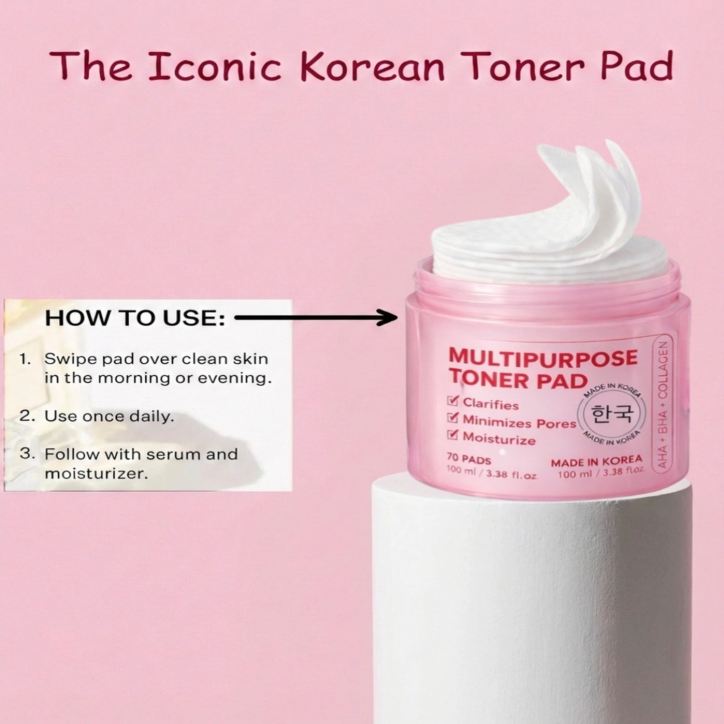 Korean Skin Care Resurfacing Toner Pads with AHA + BHA + Vegan Collagen - 70 Pads