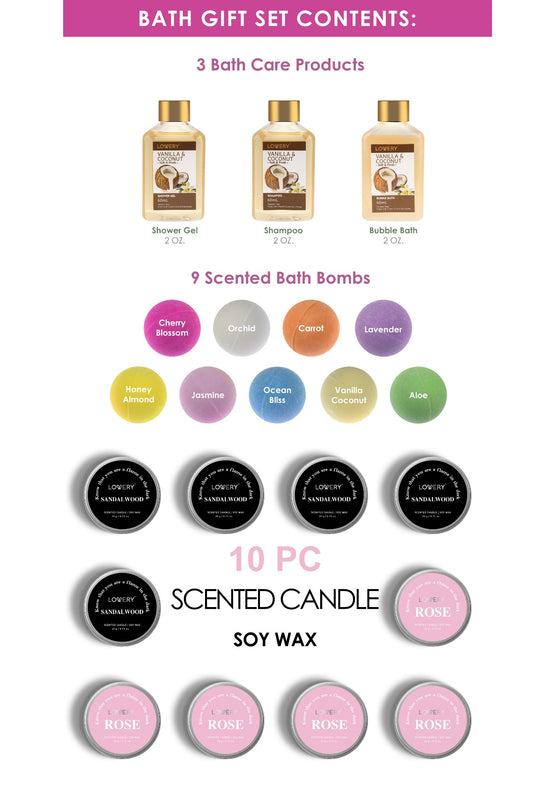 Relaxation Gift Set with Bath Bombs, Shower Gel, Bubble Bath, Shampoo and Soy Scented Candles