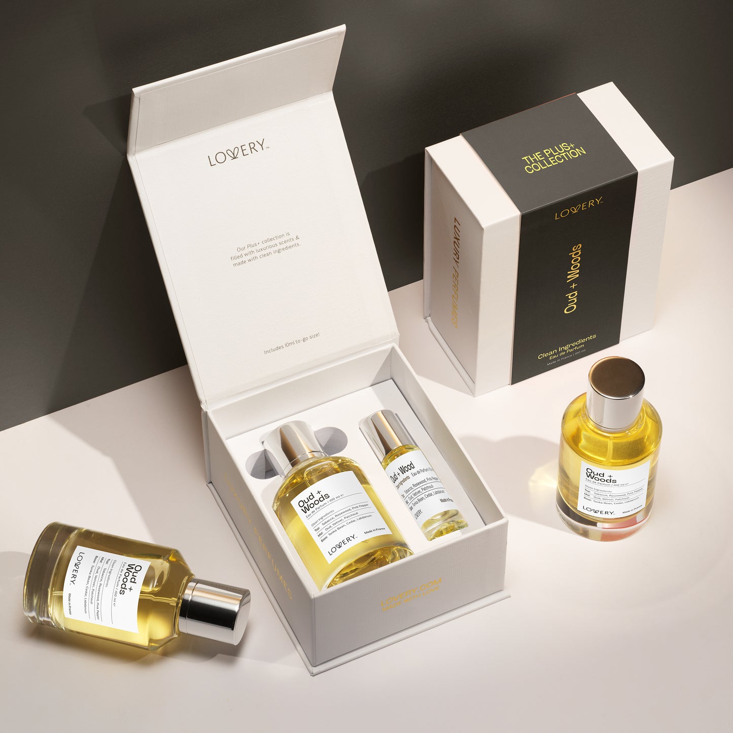 LoveryPlus Oud + Woods Eau de Parfum 2pc. Fragrance Gift Set - Inspired by Tom Ford Oud Wood, 3.4 fl oz Perfume Spray