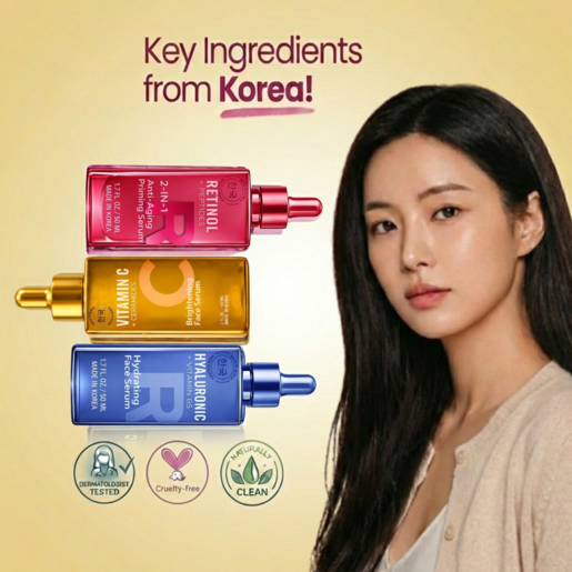 Lovery Korean Skincare Serum Set - Vitamin C, Retinol & Hyaluronic Acid Trio Face Serums