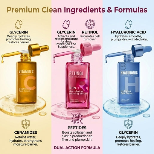 Lovery Korean Skincare Serum Set - Vitamin C, Retinol & Hyaluronic Acid Trio Face Serums