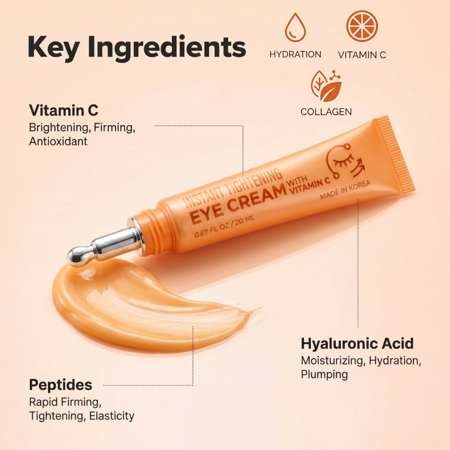 Korean Skin Care Vitamin C Eye Cream, Instant Tightening & Brightening, Firming & Depuffing Korean Under-Eye Treatment