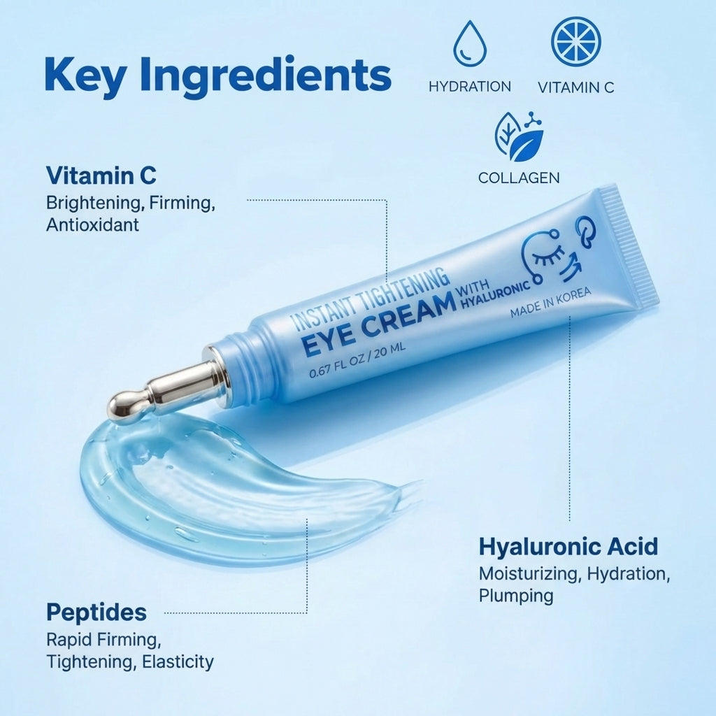 Korean Skin Care Hyaluronic Eye Cream, Instant Tightening & Hydrating, Firming & Depuffing Korean Under-Eye Treatment