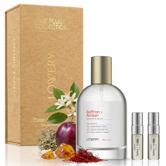 LoveryPlus Saffron + Amber Eau de Parfum 3pc. Fragrance Gift Set - Inspired by Maison Francis Kurkdjian Baccarat Rouge 540, 3.4 fl oz Perfume Spray