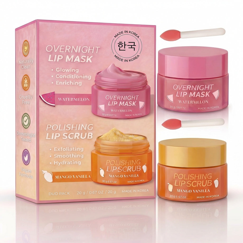 Korean Lip Care Duo Set - Mango Vanilla Exfoliating Lip Scrub & Watermelon Overnight Lip Mask