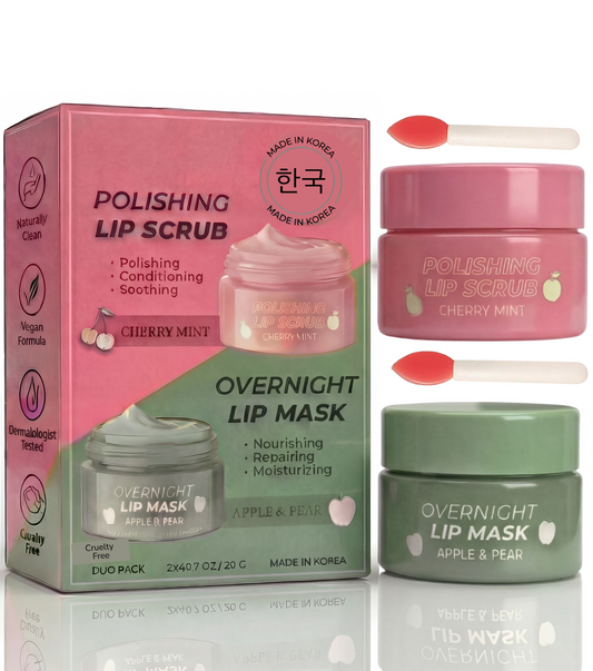 Korean Lip Care Duo Set - Cherry Mint Exfoliating Lip Scrub & Apple and Pear Overnight Lip Mask