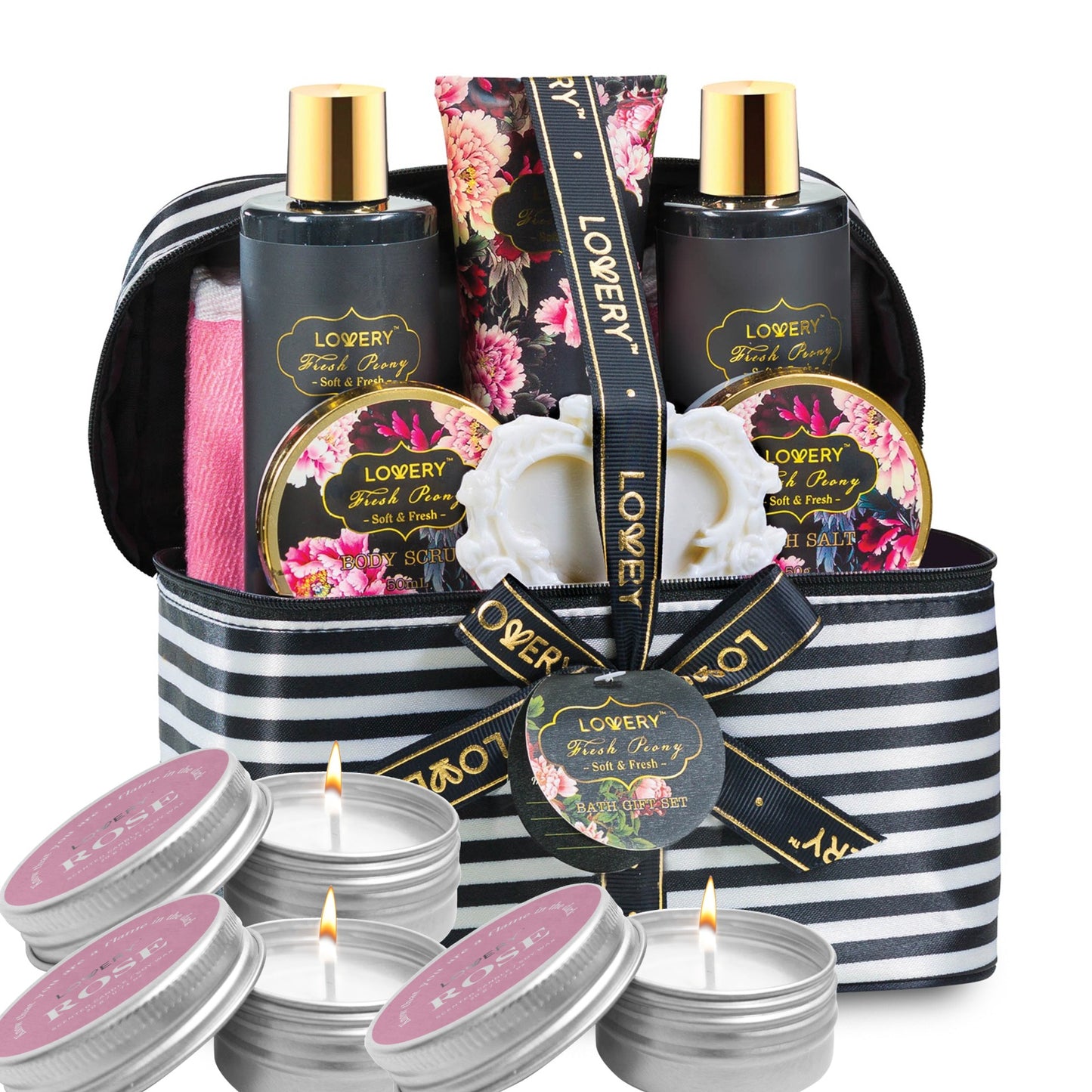 Fresh Peony Spa Gift Basket - 13Pc Deluxe Self Care Cosmetic Bag