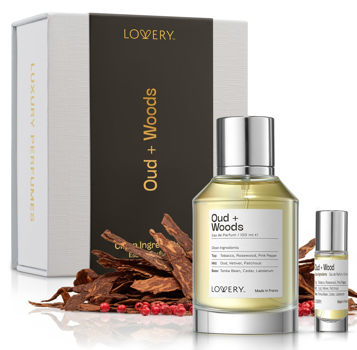 LoveryPlus Oud + Woods Eau de Parfum 2pc. Fragrance Gift Set - Inspired by Tom Ford Oud Wood, 3.4 fl oz Perfume Spray