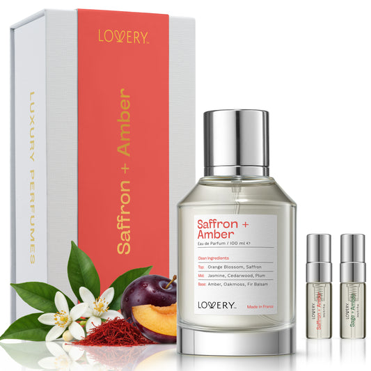 LoveryPlus Saffron + Amber Eau de Parfum 3pc. Fragrance Gift Set - Inspired by Maison Francis Kurkdjian Baccarat Rouge 540, 3.4 fl oz Perfume Spray