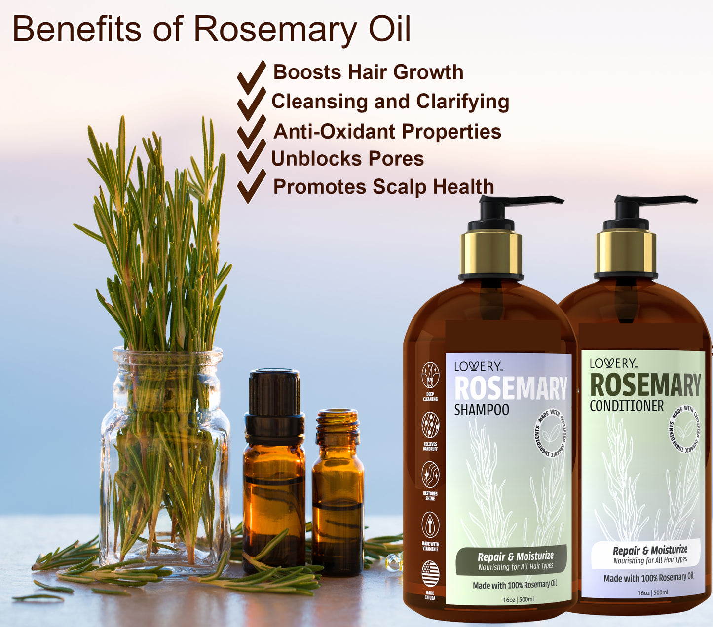 Rosemary Shampoo & Conditioner Gift Set - 32oz Hair Care Made in USA