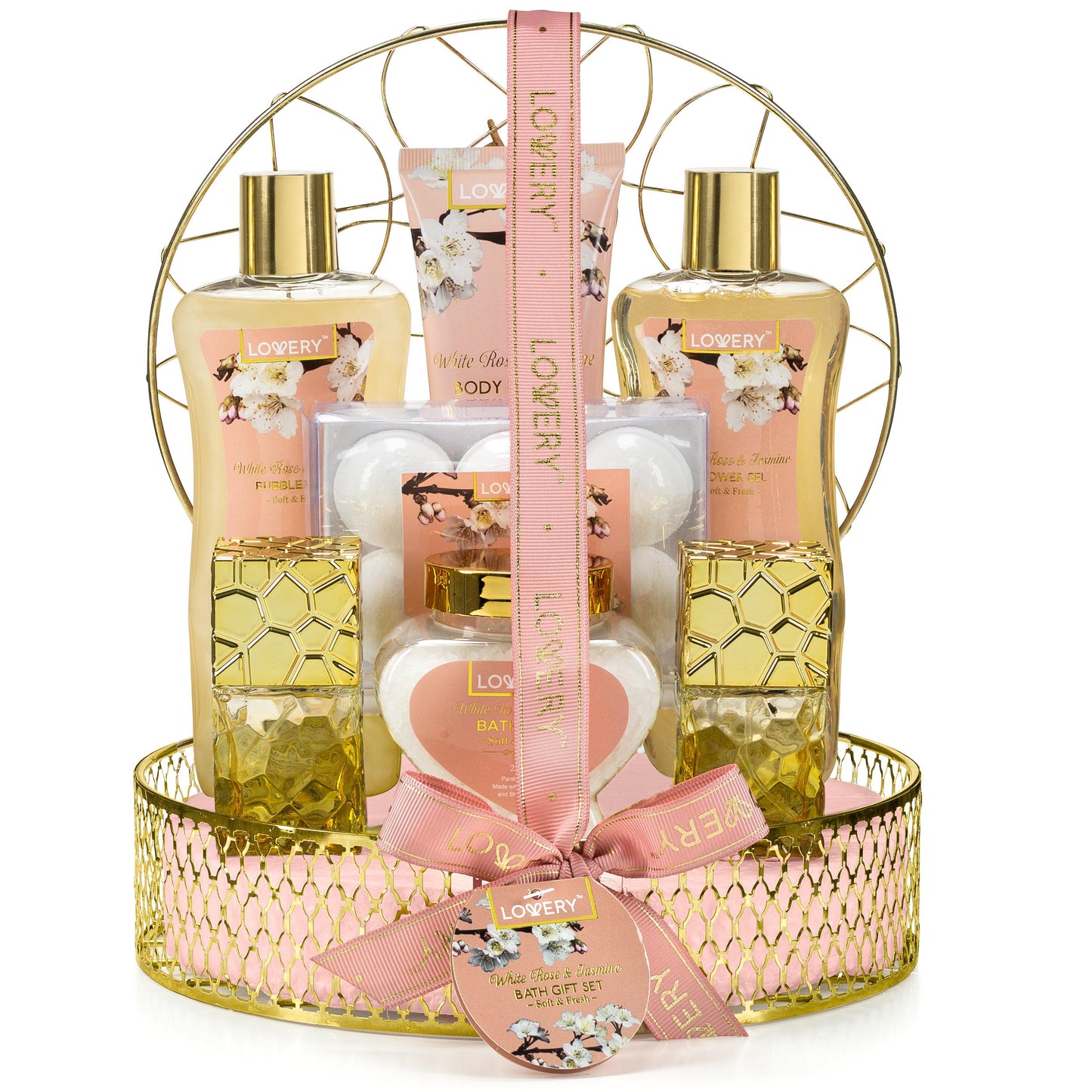 White Rose and Jasmine Spa Bath and Body Set In a Gold Perfume Holder - Lovery