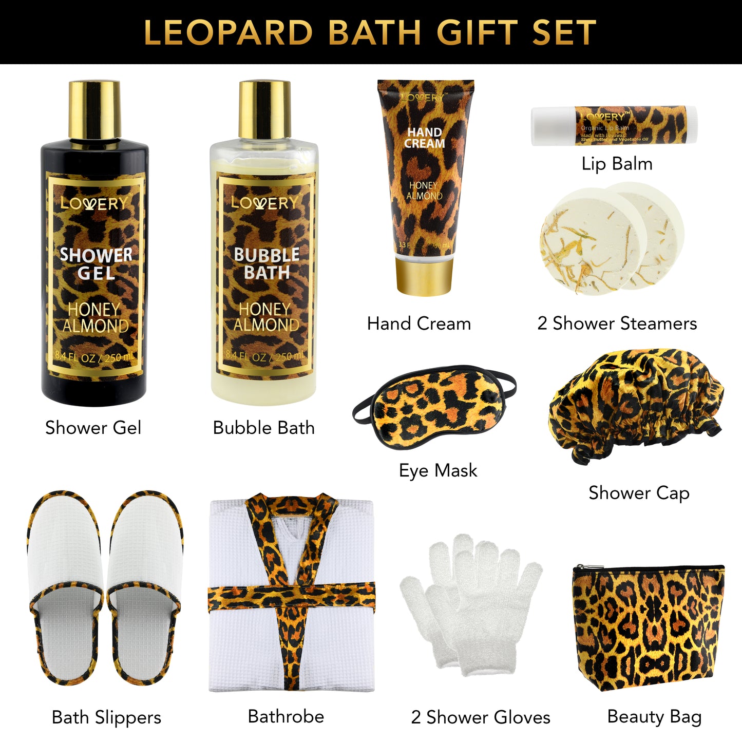 Luxe Leopard Honey Almond Bath Gift Box - 17Pc Home Spa Kit