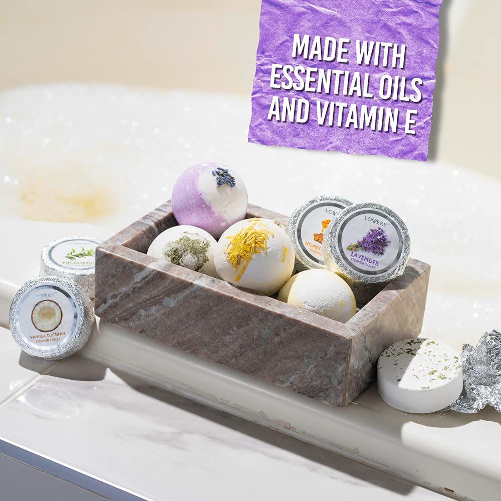 Lovery Essential Oil Shower Steamers and Bath Bombs Set - Lavender, Peppermint, Vanilla Coconut, Eucalyptus, Honey Almond Scented Aromatherapy