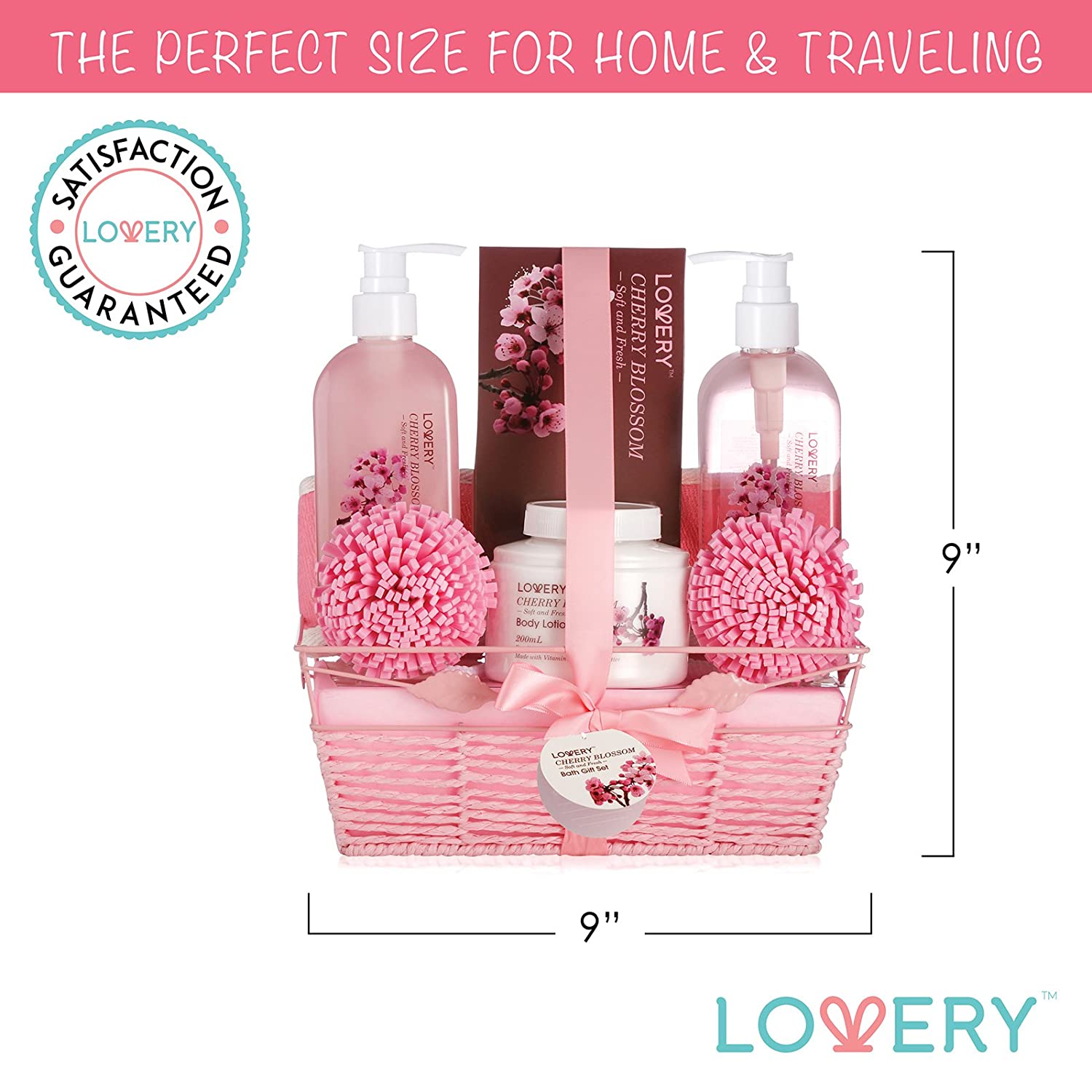 lovery home spa basket, home spa basket, Cherry Blossom Bath Set, chic cherry blossom spa basket, 7-piece cherry blossom spa kit, Shea-enriched bath set, Vitamin E infused spa products, Paraben-free cherry blossom set, luxurious cherry blossom spa essentials, gift-ready cherry blossom bath package, all-natural cherry blossom spa items, eco-friendly cherry blossom bath kit