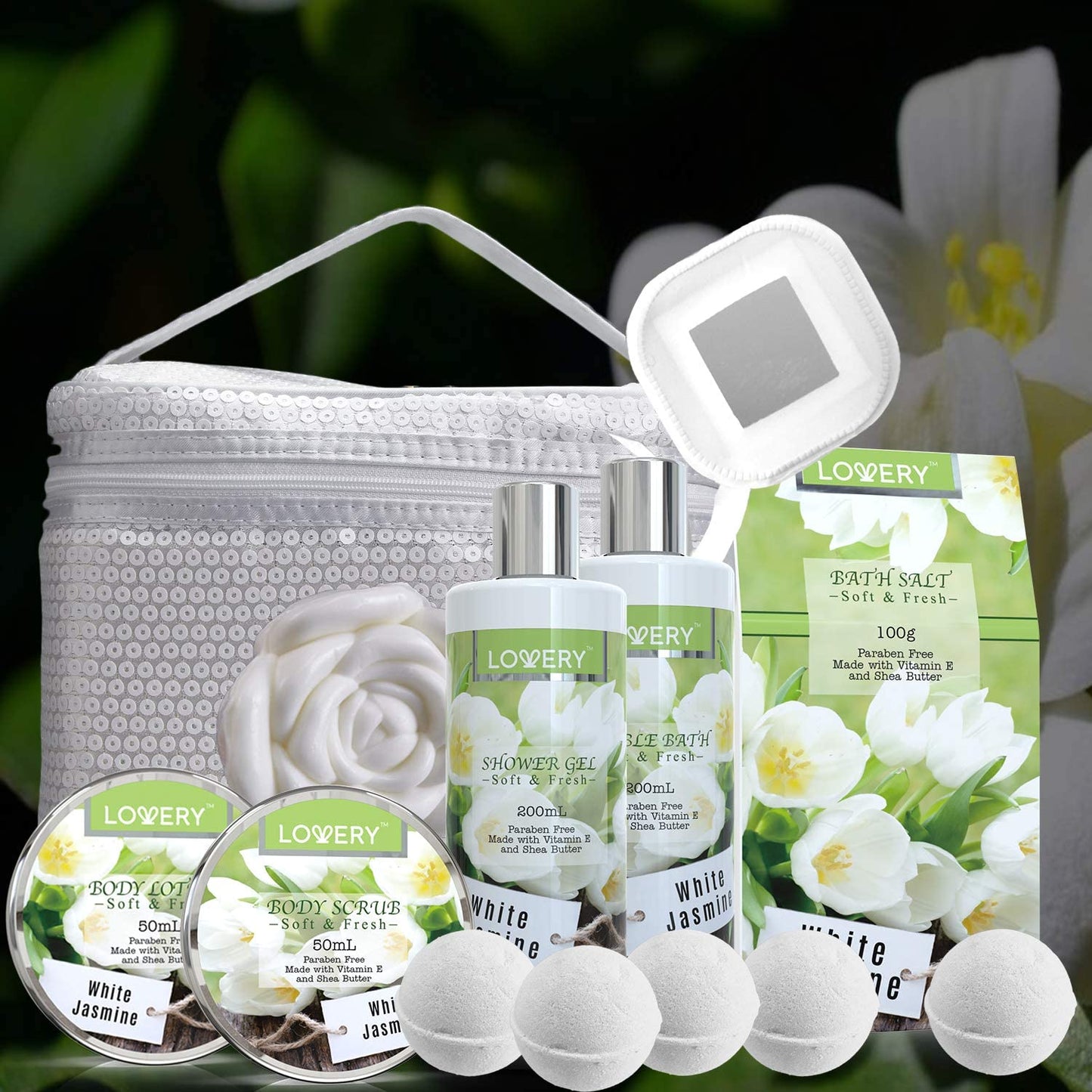 White Jasmine Bath Set - 13Pc Sequin Cosmetic Bag Kit