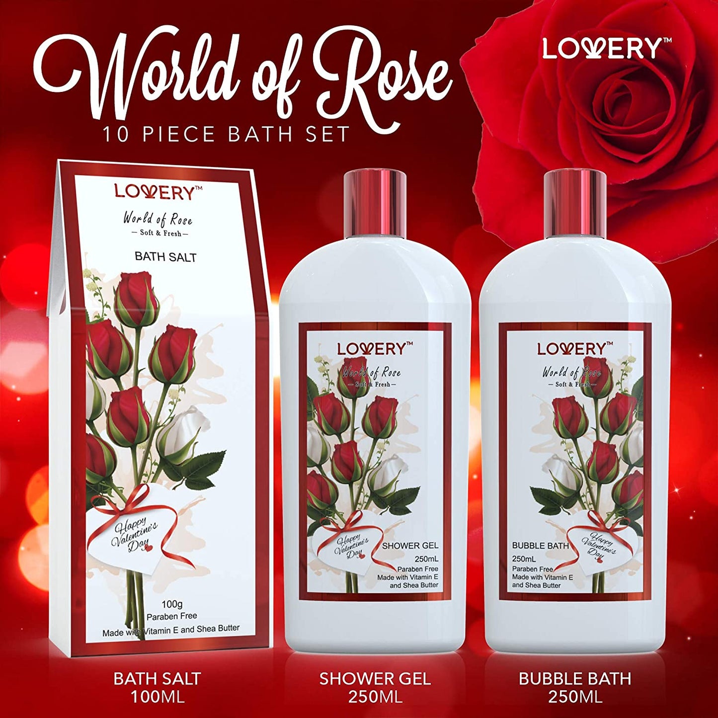 Valentine's Day Red Rose Home Bath Gift Set - 10Pc Relaxation Kit