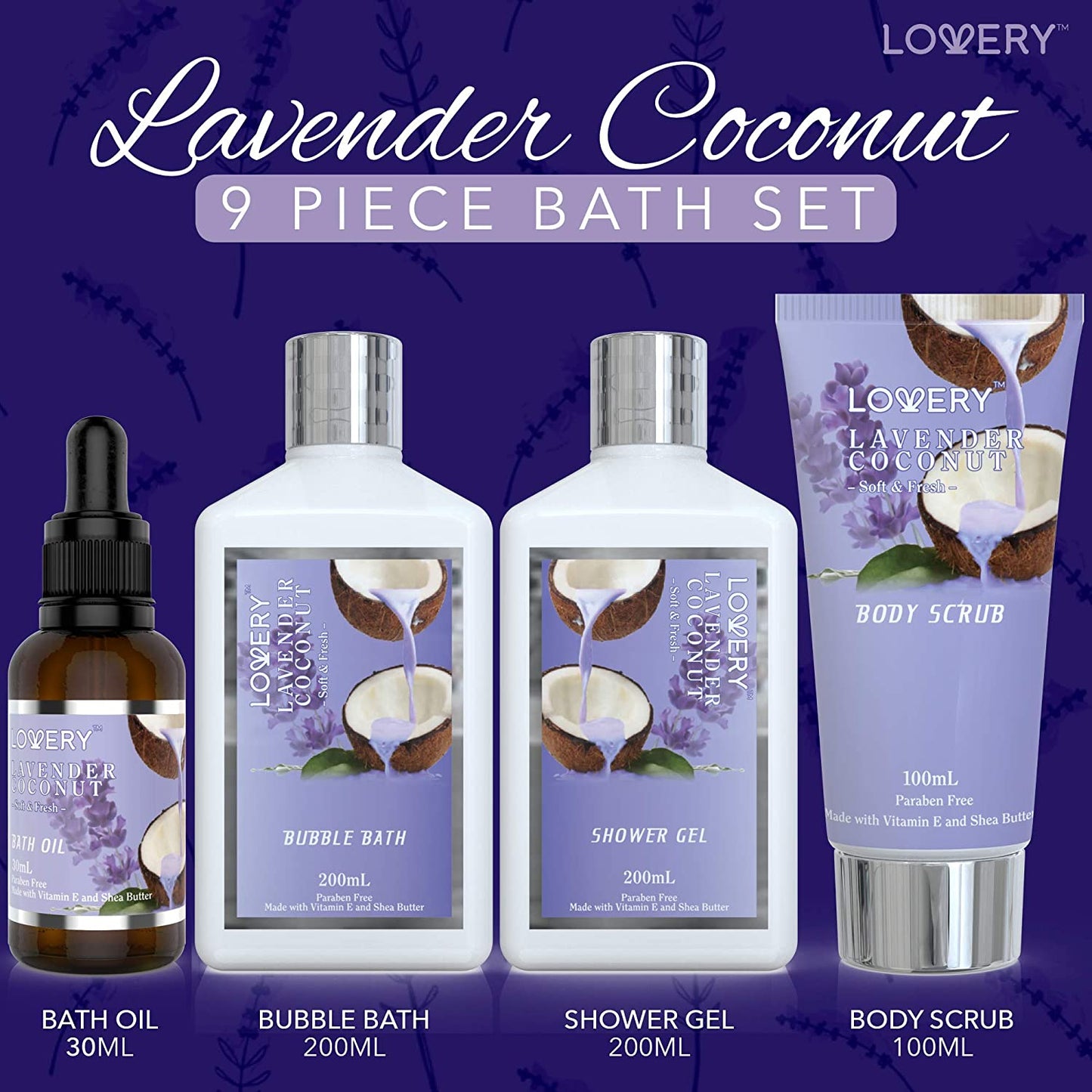 Lavender and Coconut Bath Gift Set - 10Pc Spa Kit