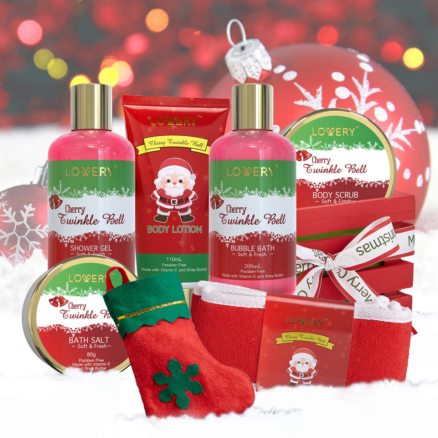 lovery christmas bath gift, christmas bath gift, Cherry Twinkle Bell christmas bath gift, Holiday Bath Bliss, Christmas Spa Essentials, Festive Bath Gift, Relaxation in a Box, Calming Bath Treats, Cherry Blossom Delight, Christmas Stocking Stuffer, Luxury Spa Set, Skin-Pampering Gift, Holiday Stress Relief