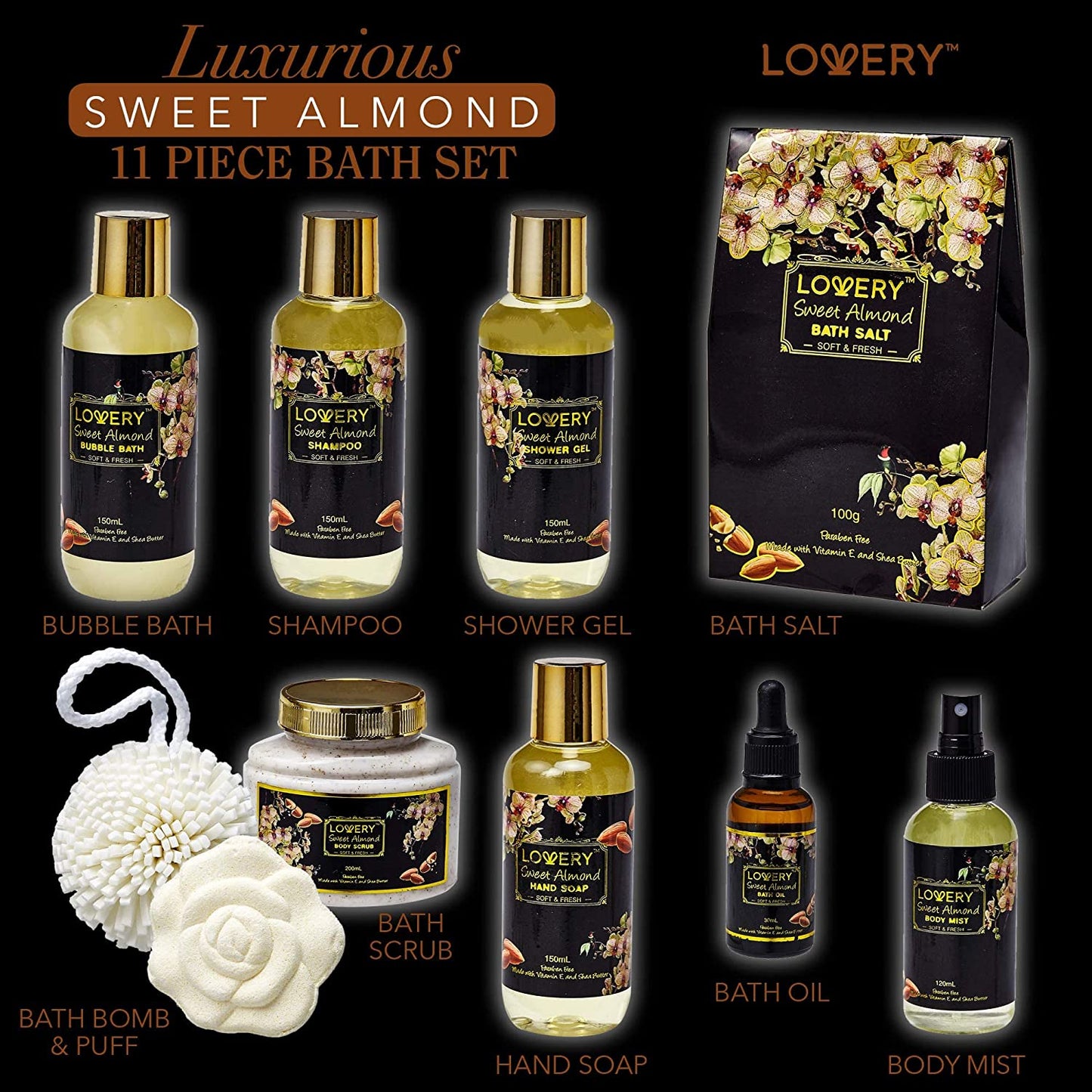 Sweet Almond Bath and Body Gift Basket - 11Pc Spa Set