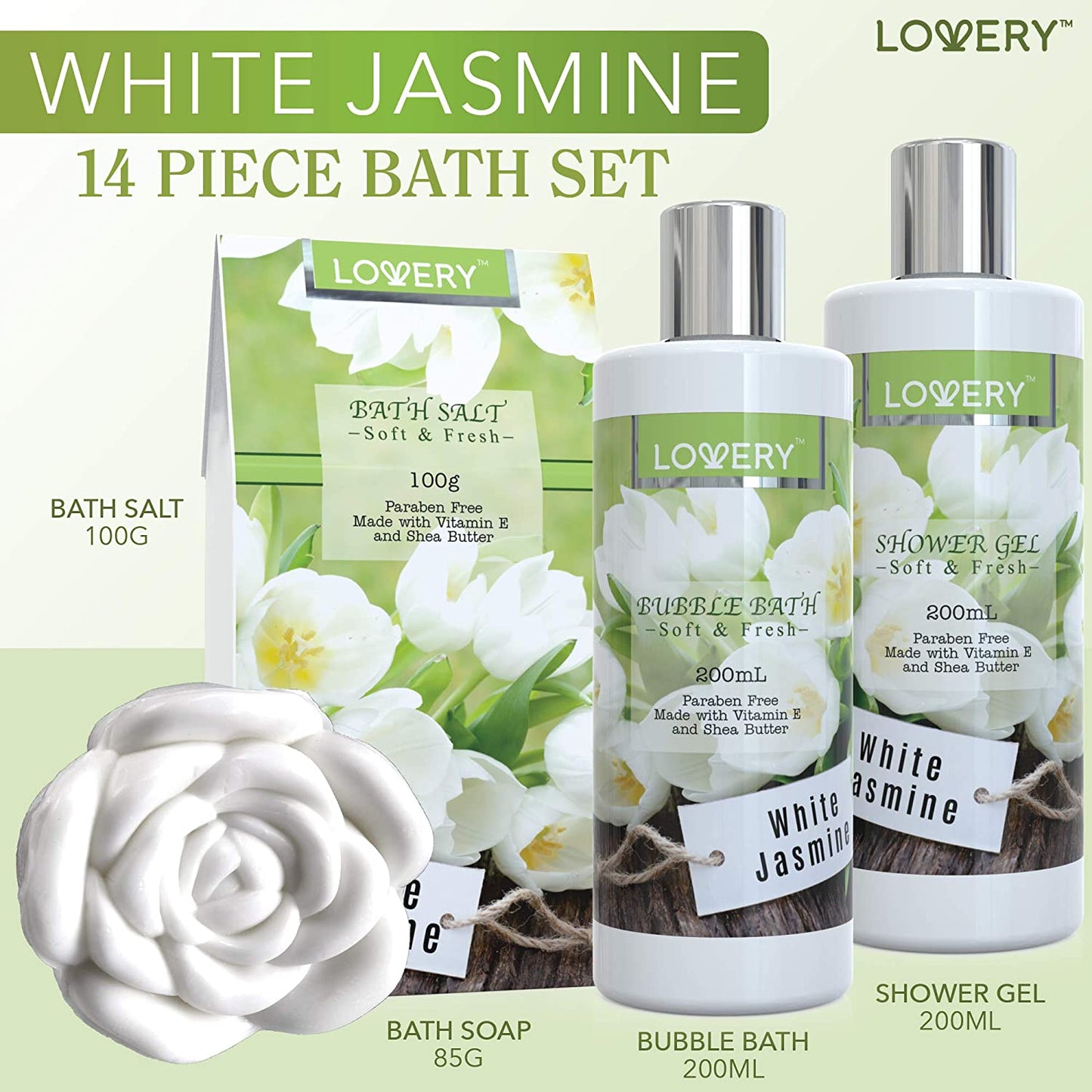 White Jasmine Bath Set - 13Pc Sequin Cosmetic Bag Kit