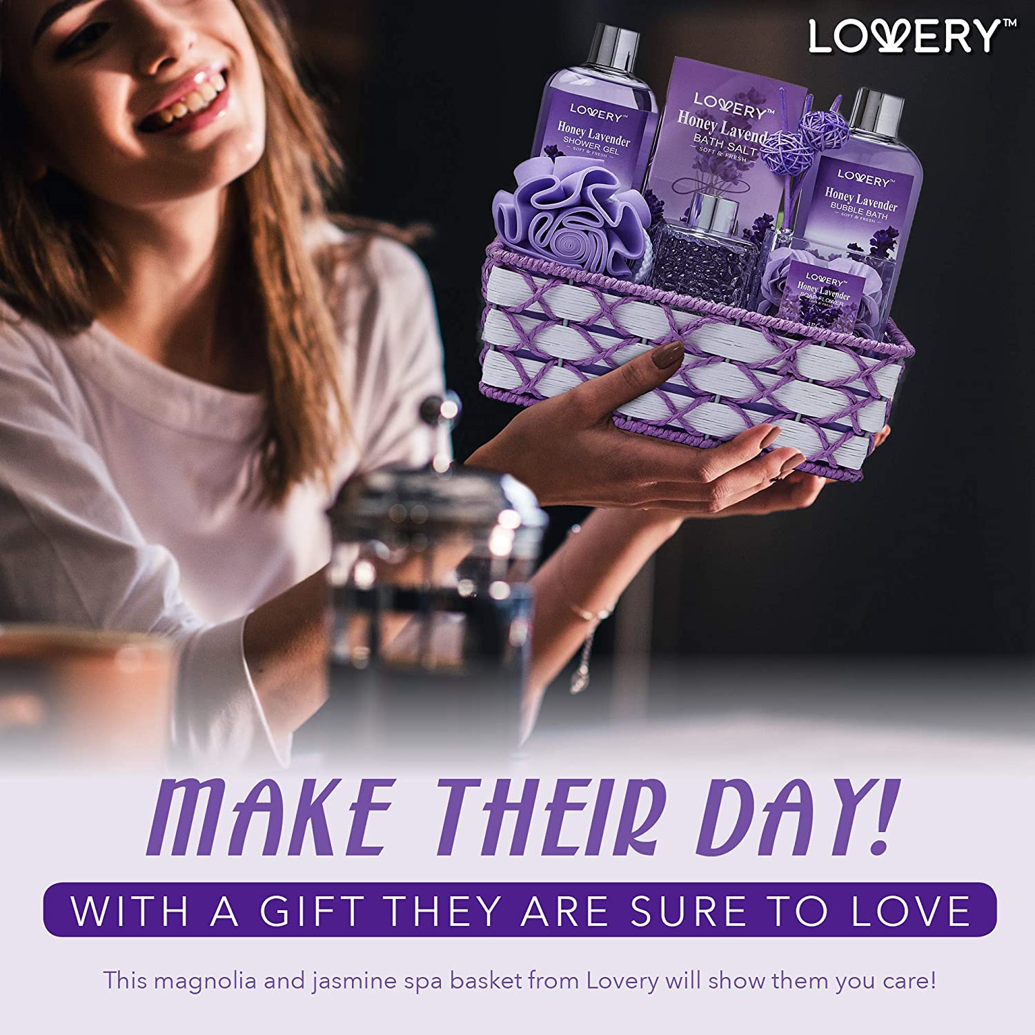 Lovery Lavender & Lilac Spa Gift Basket with Sleep Mask - Bath and Body Self Care Package for Men and Women
