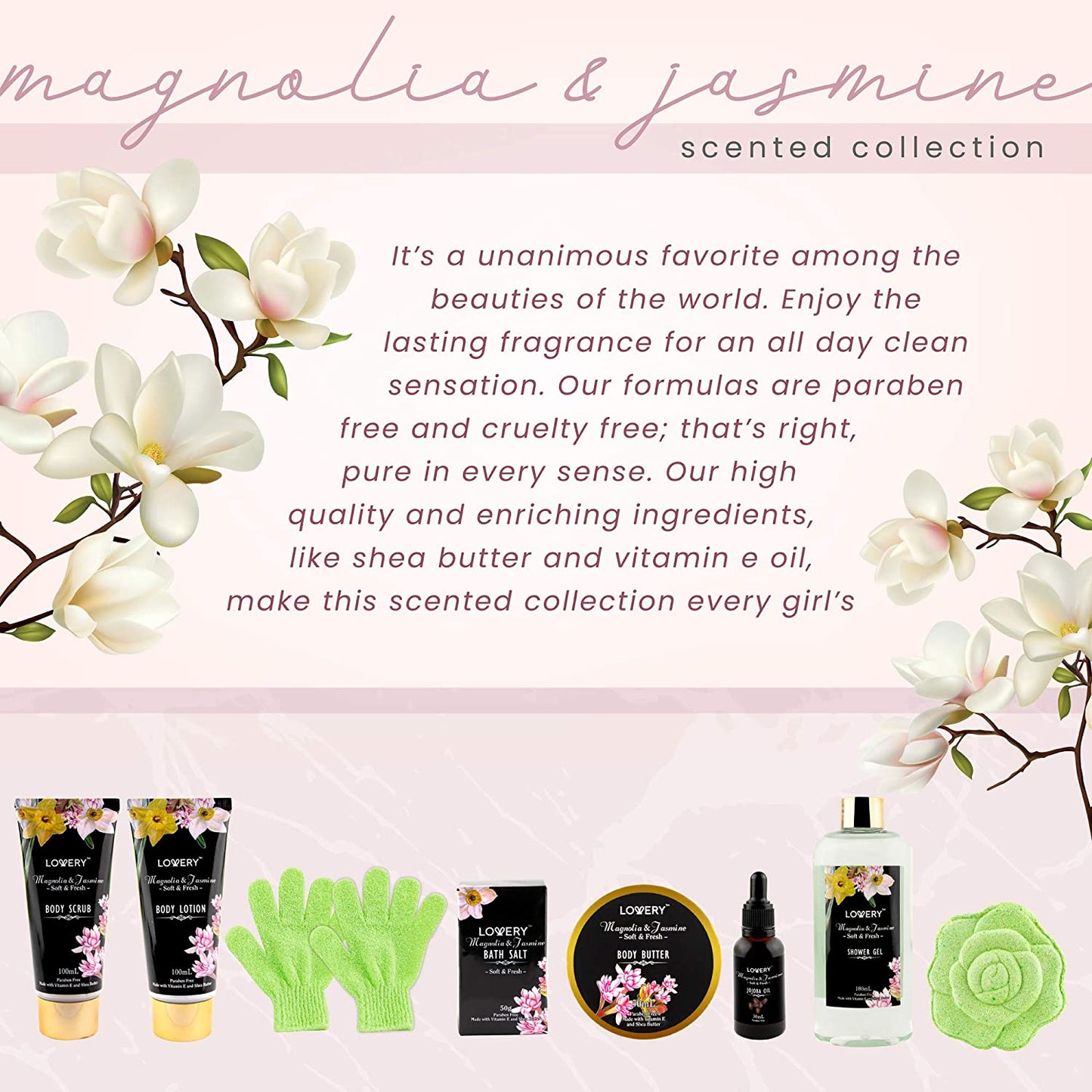 Magnolia and Jasmine Spa Bath Set - 10Pc Self Care Gifts