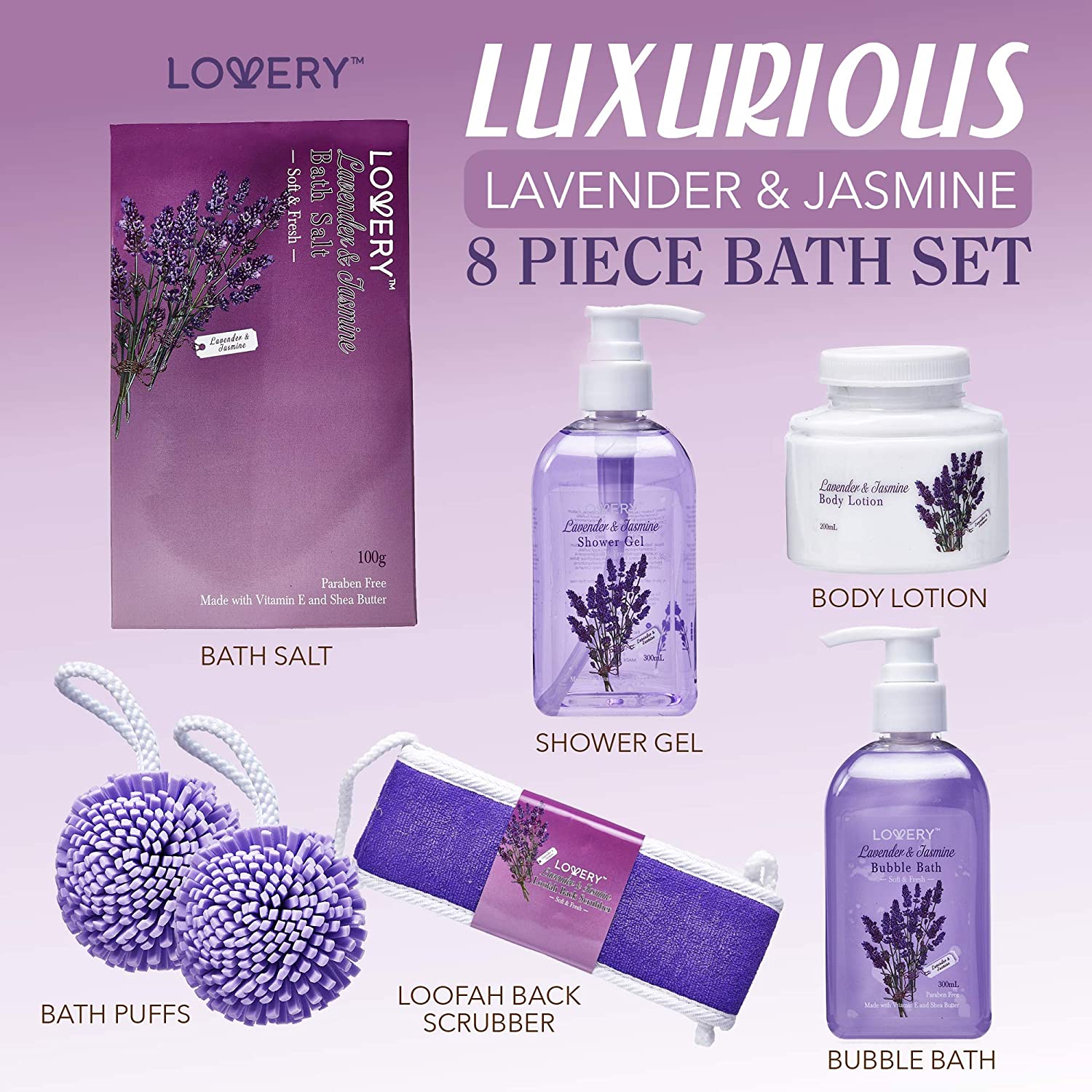Lovery bath gift set, bath gift set, Lavender & Jasmine Spa Set, Calming, Relaxing Effects, Aromatherapy Gift Baskets, Soothing Fragrance Essentials,8-Piece Spa Kit, Lavender & Jasmine Beauty,  Bath & Body Items, Shea Butter, Vitamin E