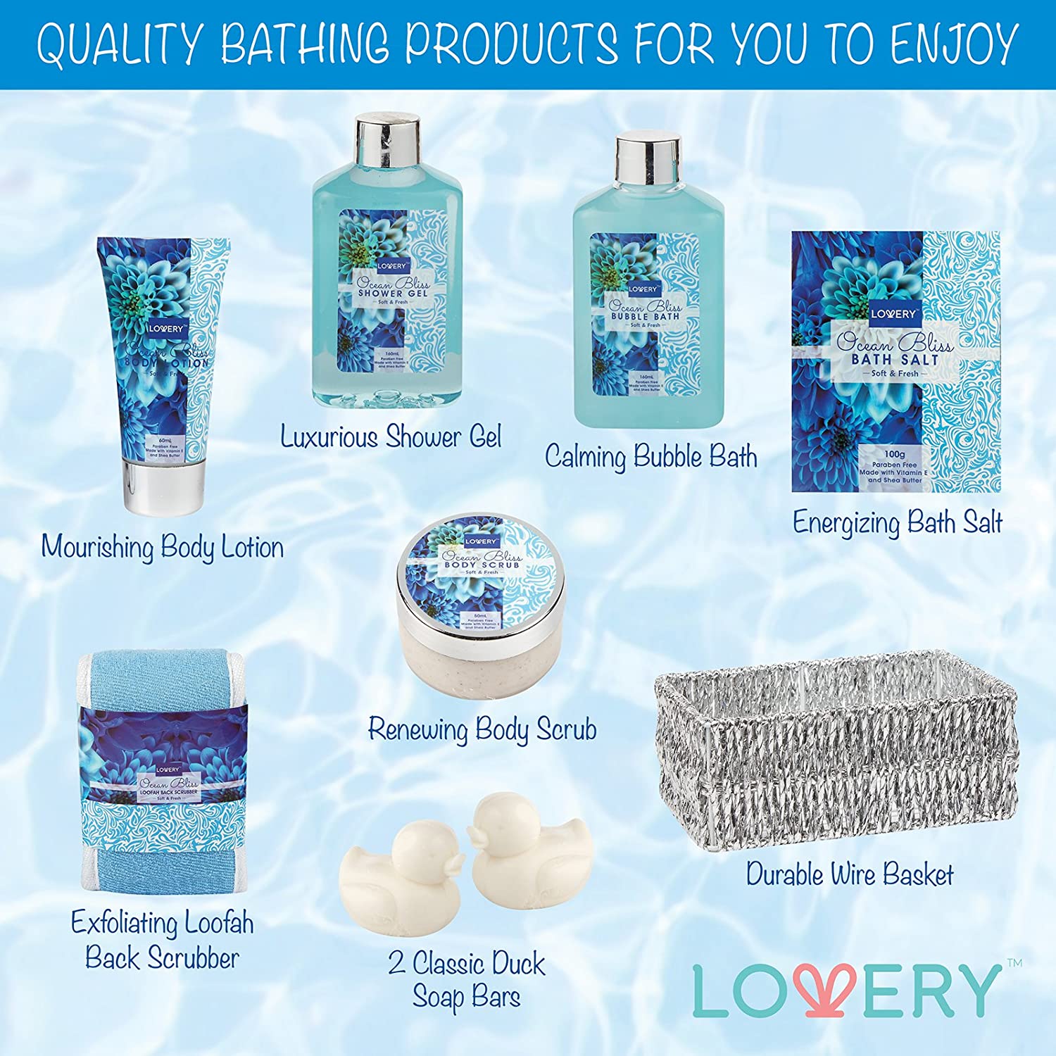 Home Spa Kit, Ocean Beauty Products, Ocean Fragrance, Ocean Body Lotion, Lovery Lotion, Ocean Shower Gel, Lovery Shower Gel, Lovery Gift Baskets, Lovery Gift Sets, Lovery Beauty Sets, Lovery
