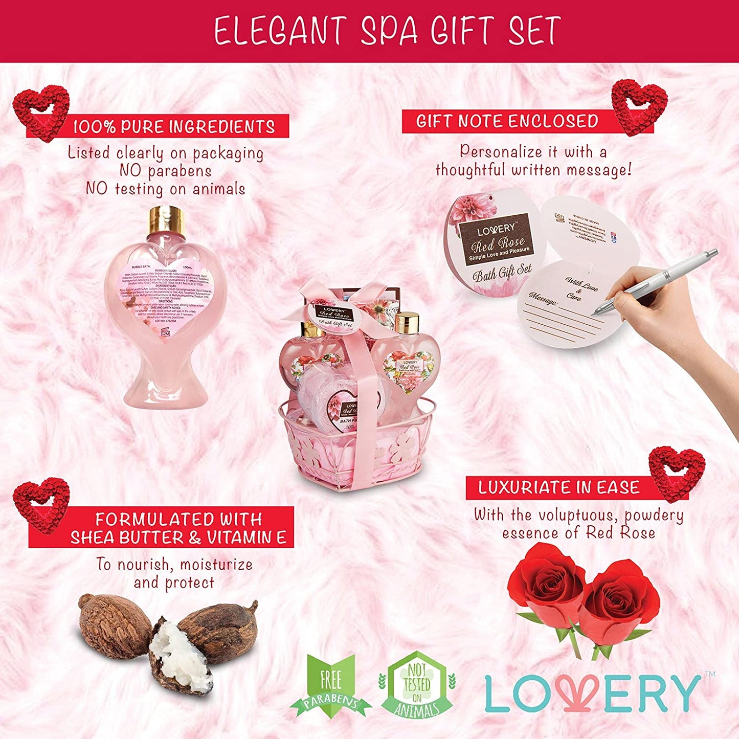 Red Rose Bath Gift Basket - 8Pc Body Care Heart Set