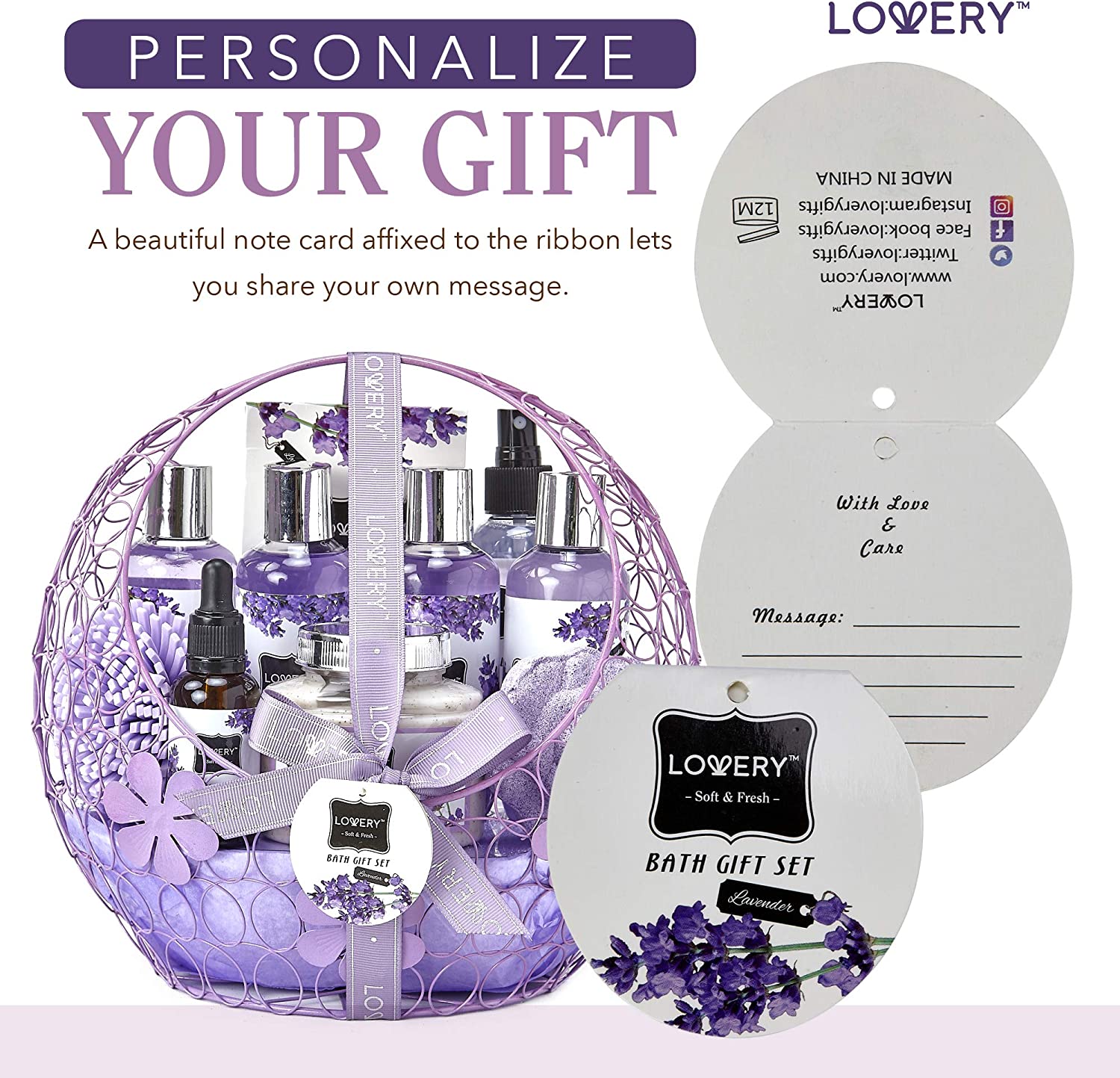 Lovery Lavender bath gift set, elegantly packaged body care essentials in purple and white, Luxurious Lavender & Silver Design, Soft & Fresh Aroma Products, Premium Bath Oil and Body Scrub, Decorative Lavender Ribbon Detailing, Exquisite Bathing Experience Enhancer, Ideal for Spa-Like Relaxation, Paraben-Free Bath Essentials, Cruelty-Free Body Care Selection, Presented in a Sophisticated Purple Mesh Basket with Lavender Accents