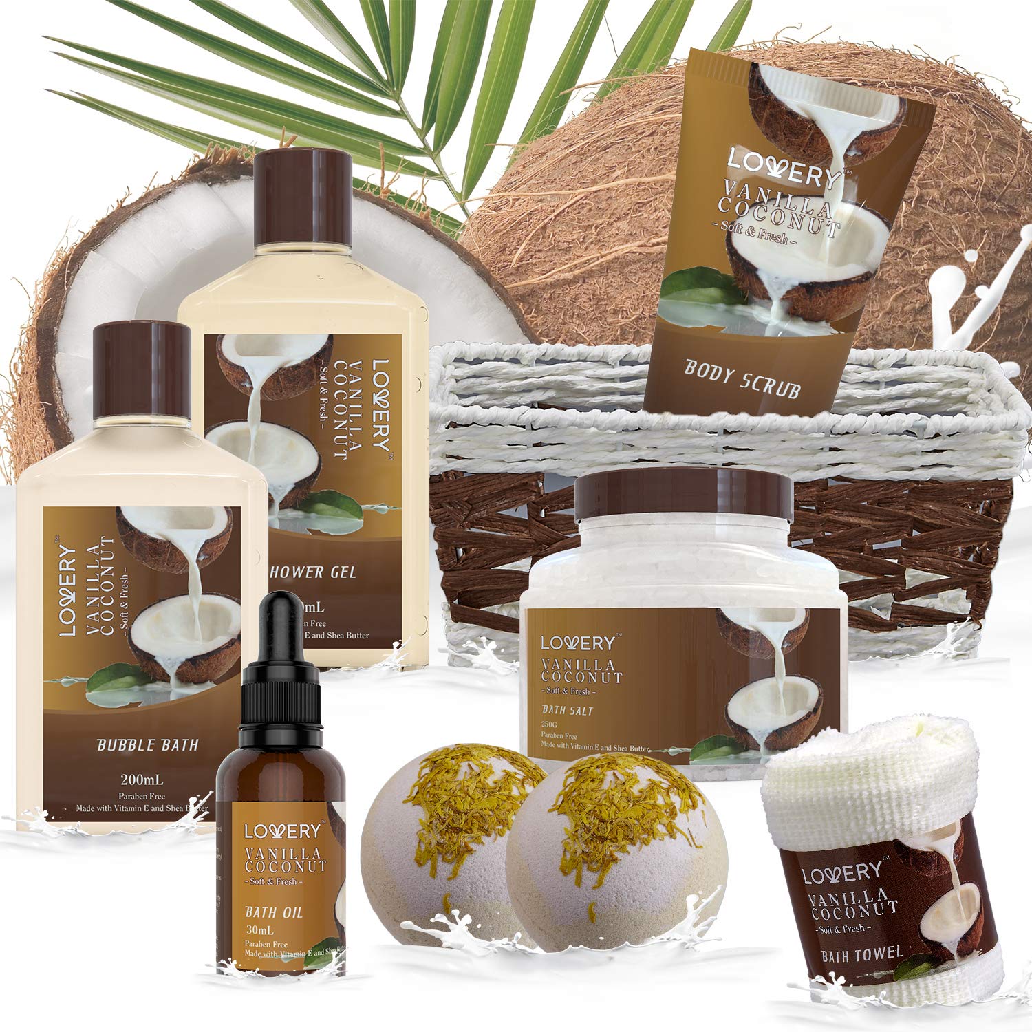 Vanilla Coconut Luxury Bath Gift Set - 9Pc Home Spa Basket – Lovery