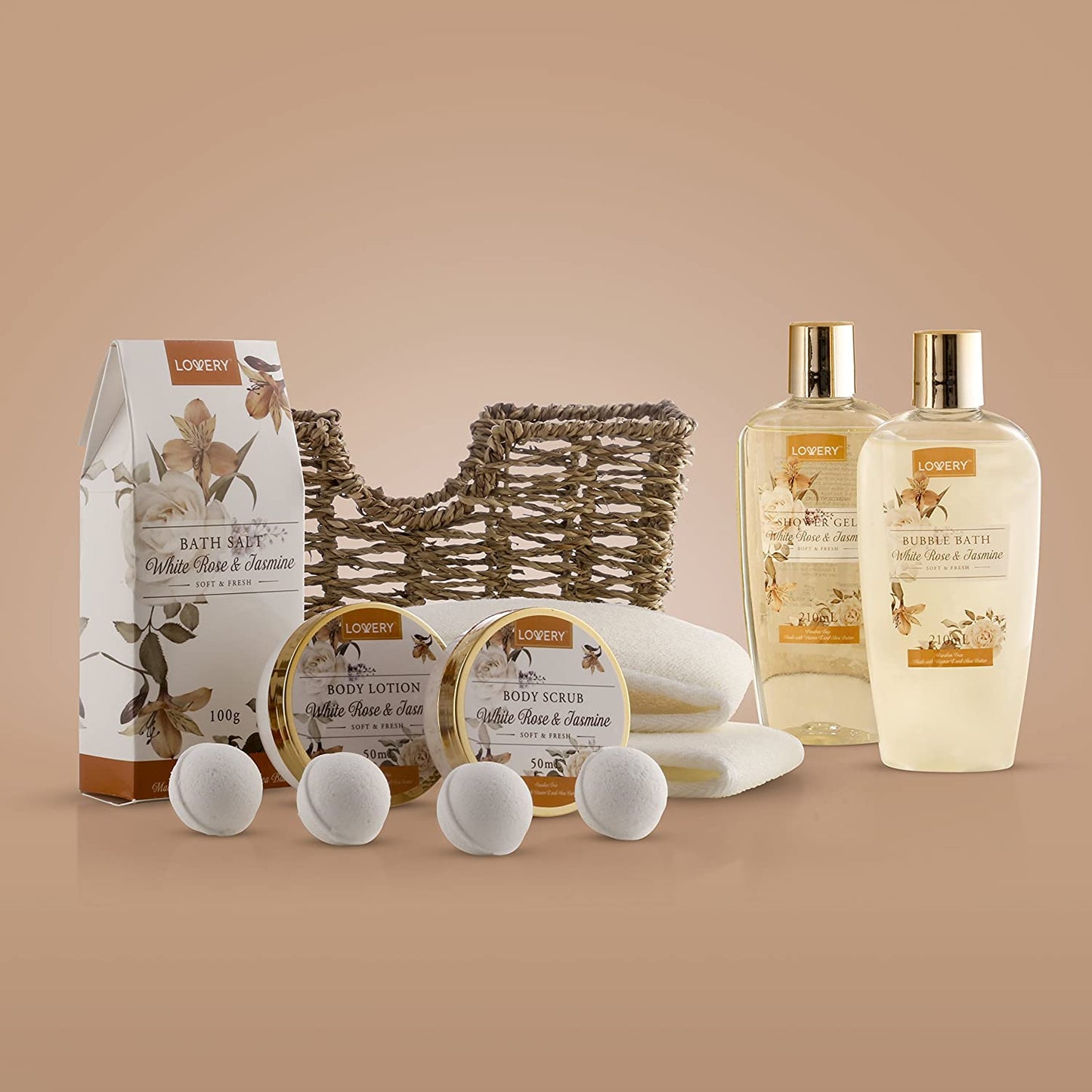 White Rose & Jasmine Home Bath Set - 11Pc Body Care Kit