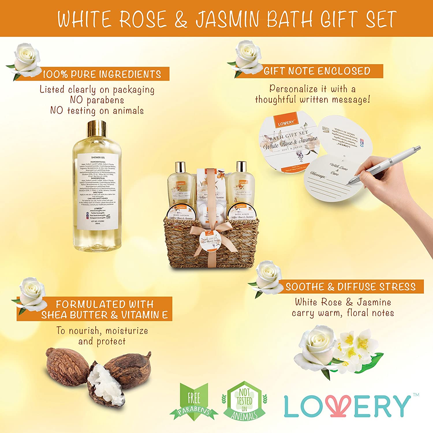 Lovery White Rose & Jasmine Bath Set, White Rose & Jasmine Gift Set, Home Bath Set, Bath Kit, Bath Cosmetics, All Natural, Vitamin E, Shea Butter, Self-Care Package, Hydrating Skin Care, Gift Bath Set, Perfect Gift, Spa Set, Spa Kit