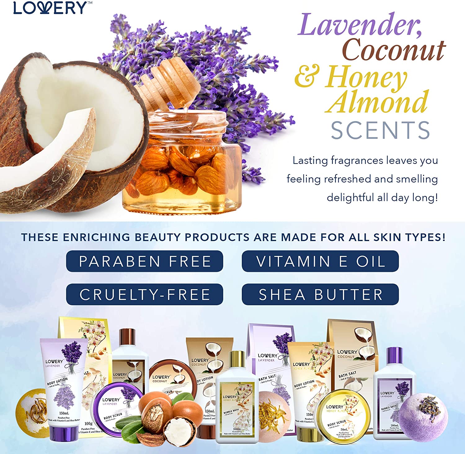 spa kit, lavender lotion, coconut lotion, honey almond lotion, almond lotion, honey lotion, lovery body lotion, lavender body lotion, coconut body lotion, lovery gift baskets, lovery, lovery beauty sets, lovery paraben free
