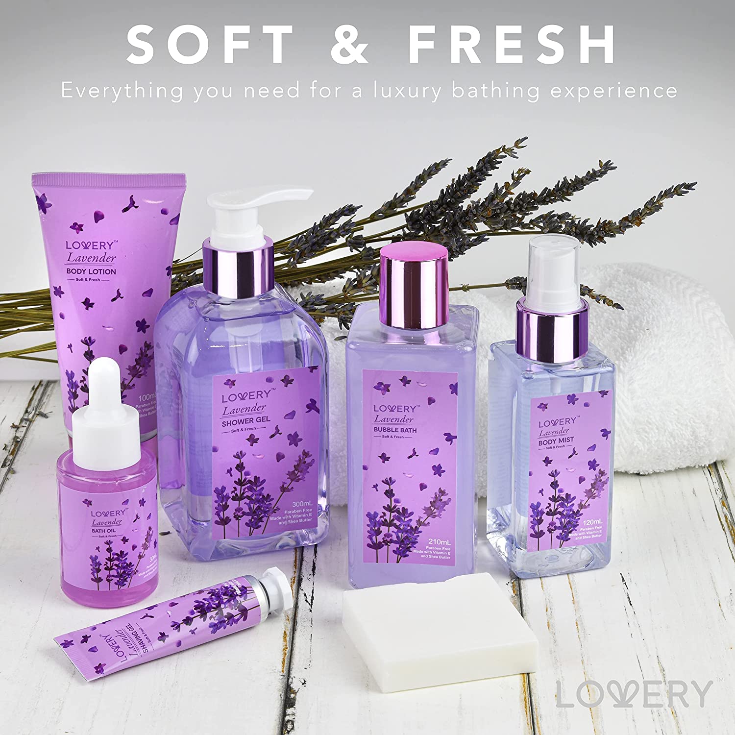 Lovery Luxury Bath Gift Set, 18pc French Lavender Relaxation Spa Gift Basket for Women & Men, Handmade Gift Box, Body Oils, Organic Lip Balm, Scented