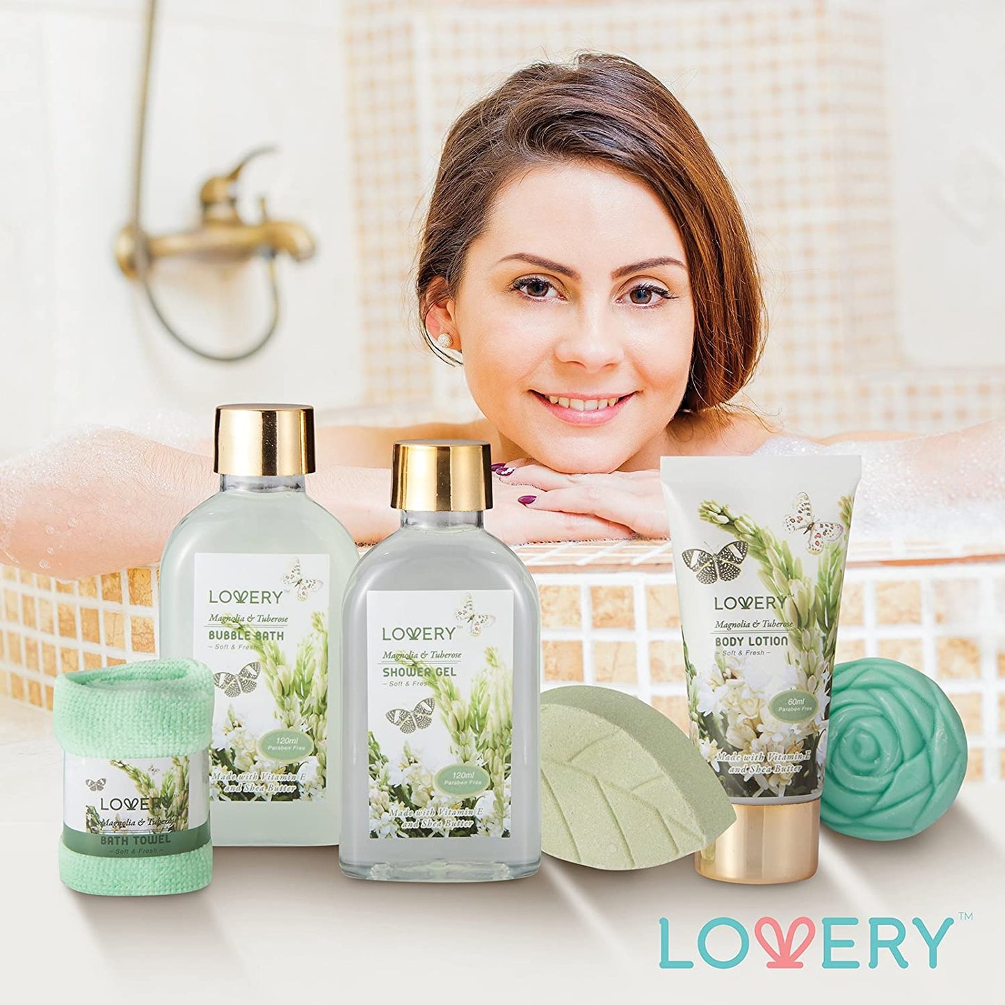 Lovery bath gift set, bath gift set, Magnolia & Tuberose Spa Set, Luxury Body Care Collection, Exquisite Bath Aromas, Soothing Fragrance Essentials, 7-Piece Spa Gift, Travel-Size Spa Kit, Magnolia & Tuberose Beauty, Green Mesh Basket Gift, Paraben-Free Spa Essentials, Cruelty-Free Spa Care