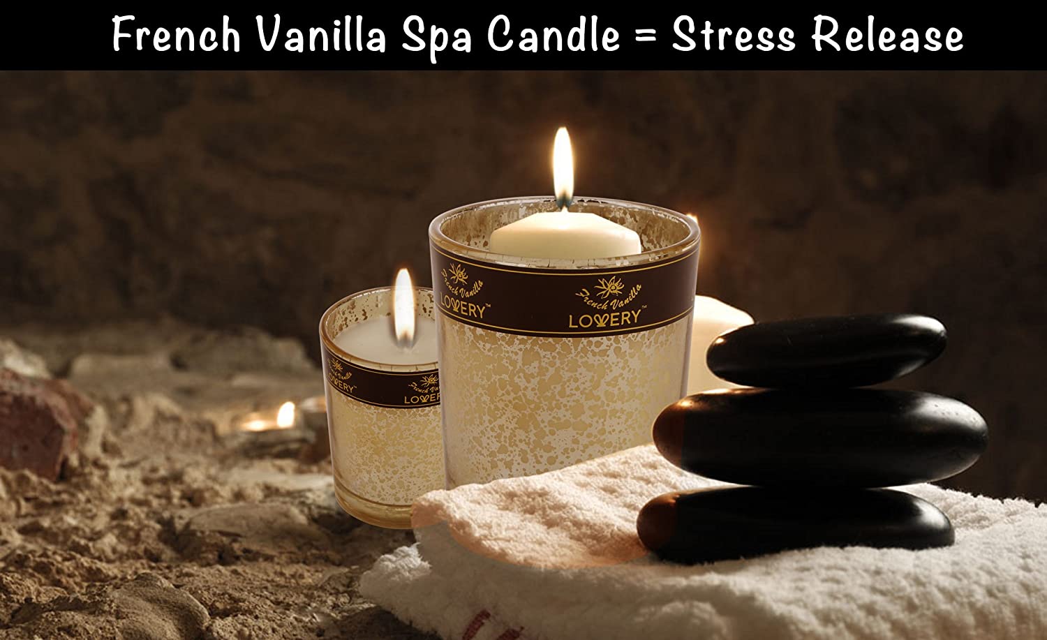 Lovery French Vanilla spa candles, ambient stress-relief enhancer, Softly Illuminated Serenity, Golden Patterned Candle Containers, Tranquil Spa Setting with Zen Stones, Aromatherapy for Relaxation and Calmness, Warm Candlelight Atmosphere, Lustrous Black Pebble Stacking, Prominent Vanilla Fragrance Emission, Mood Elevating Home Décor, Evoke Peaceful Moments with Gentle Flames, Essential for Mindful Meditation Spaces