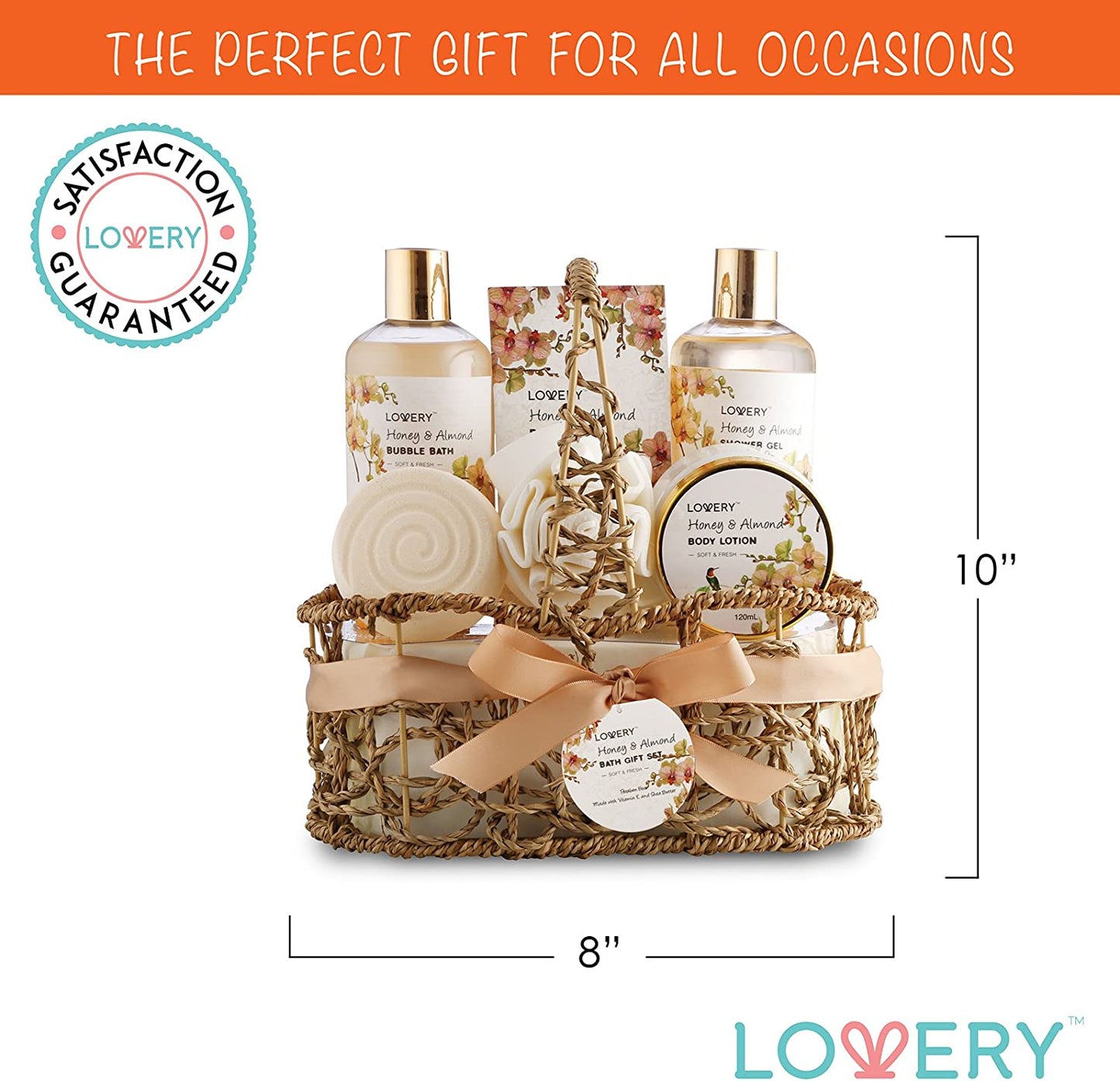 lovery handmade body care, handmade body care, Honey & Almond Body Care Set, Honey & Almond bath product close-up, Luxurious Honey & Almond spa essentials, eco-friendly bath set display, Shea & Vitamin E, spa items, Natural ingredients, all skin types, bath products, Paraben-free, Honey & Almond collection