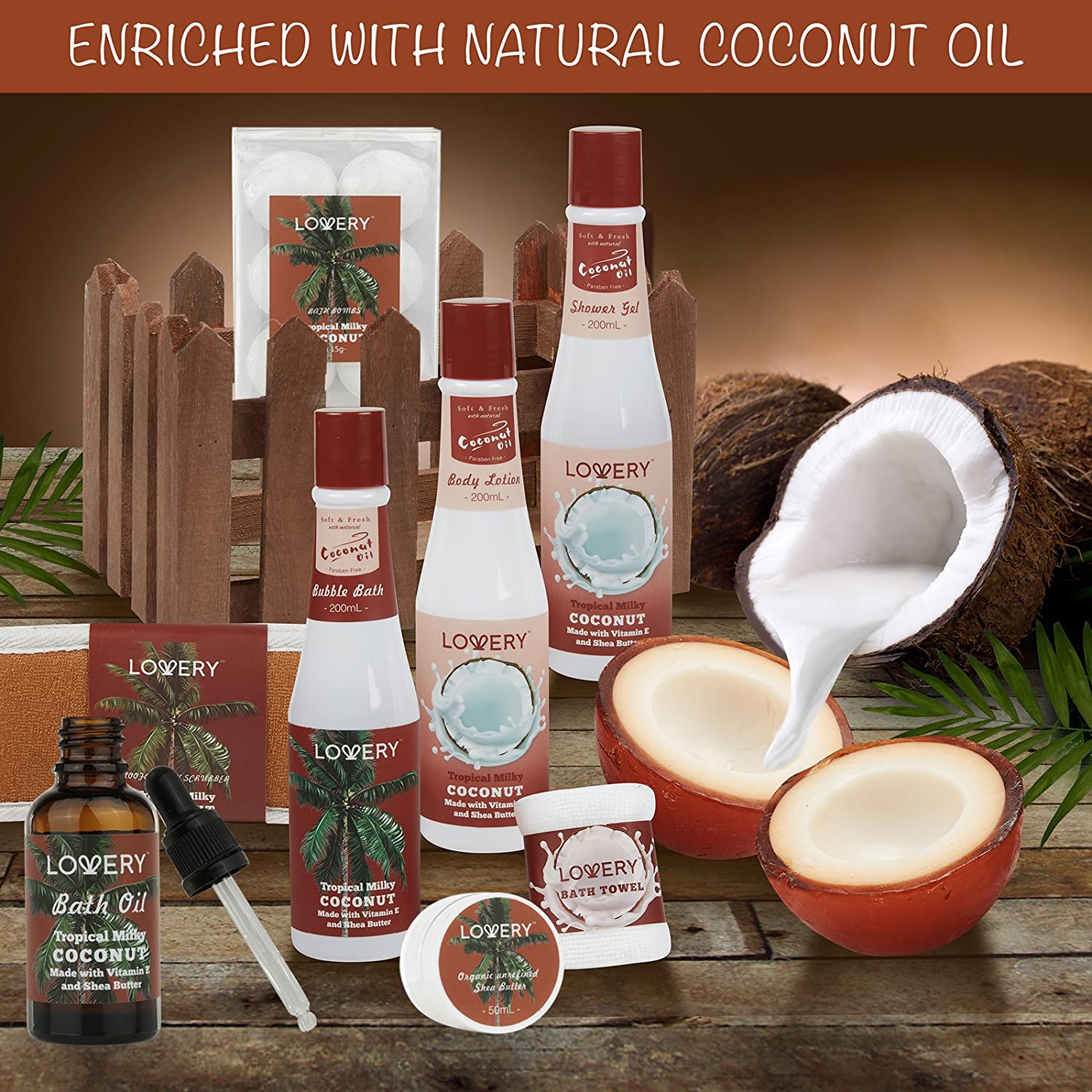 Lovery Organic Milky Coconut Bath Set, Coconut Gift Set, Milky Coconut Bath Set, Bath & Body Kit, Bath Cosmetics, All Natural, Vitamin E, Shea Butter, Self-Care Package, Hydrating Skin Care, Gift Bath Set, Perfect Gift, Spa Set, Spa Kit, Organic Spa Set
