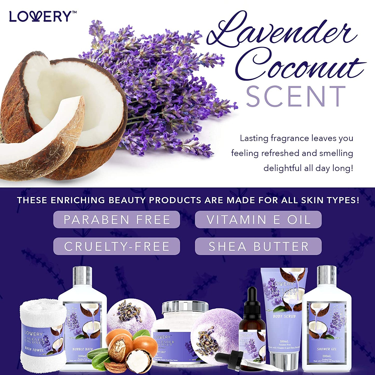Lavender and Coconut Bath Gift Set - 10Pc Spa Kit