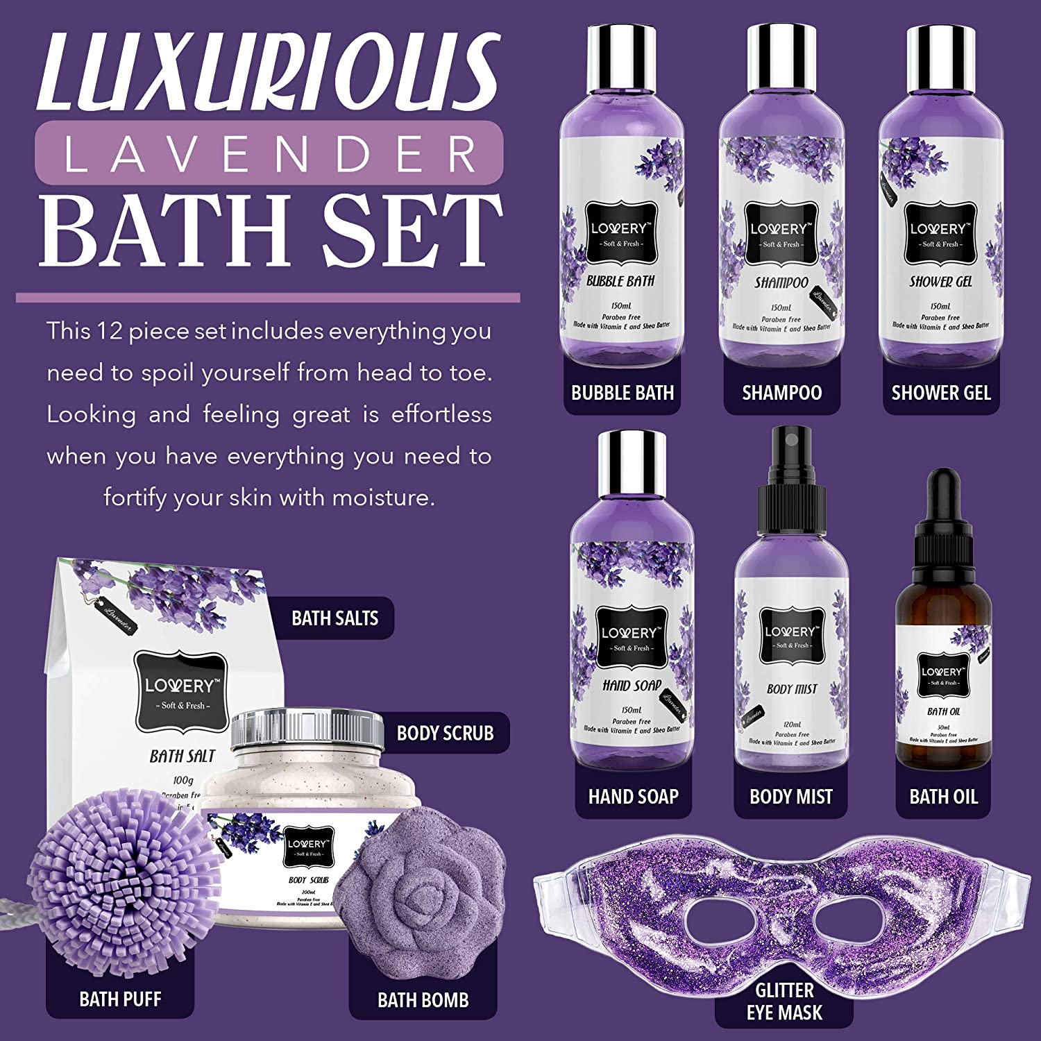 Lovery Lavender bath gift set, elegantly packaged body care essentials in purple and white, Luxurious Lavender & Silver Design, Soft & Fresh Aroma Products, Premium Bath Oil and Body Scrub, Decorative Lavender Ribbon Detailing, Exquisite Bathing Experience Enhancer, Ideal for Spa-Like Relaxation, Paraben-Free Bath Essentials, Cruelty-Free Body Care Selection, Presented in a Sophisticated Purple Mesh Basket with Lavender Accents