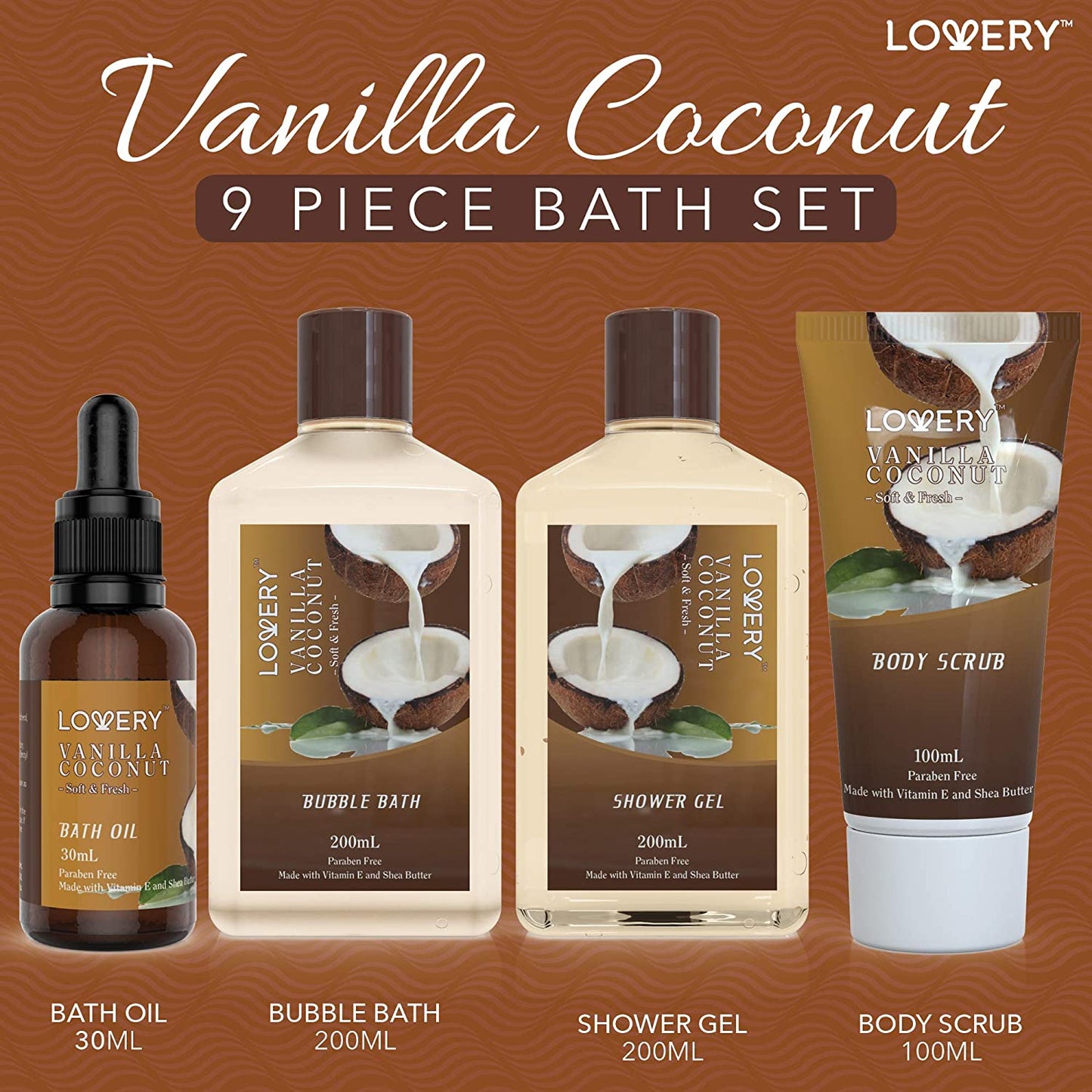 Coconut Bath Bomb, Vanilla Bath Set, Lovery, Gift Basket, Lovery Gift, Lovery Gift Set, Lovery Bath Gift Set, Vanilla Coconut Luxury Bath Gift Set, Elegant Spa Package, Vanilla & Coconut Bliss, Luxury Bath Bombs, Pampering Spa Delight, Shea Butter Enriched Set, Relaxation & Rejuvenation, Luscious Vanilla Aroma, Cruelty-Free Spa Set, Skin Care with Lovery