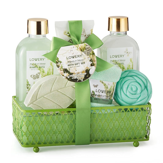 Lovery bath gift set, bath gift set, Magnolia & Tuberose Spa Set, Luxury Body Care Collection, Exquisite Bath Aromas, Soothing Fragrance Essentials, 7-Piece Spa Gift, Travel-Size Spa Kit, Magnolia & Tuberose Beauty, Green Mesh Basket Gift, Paraben-Free Spa Essentials, Cruelty-Free Spa Care