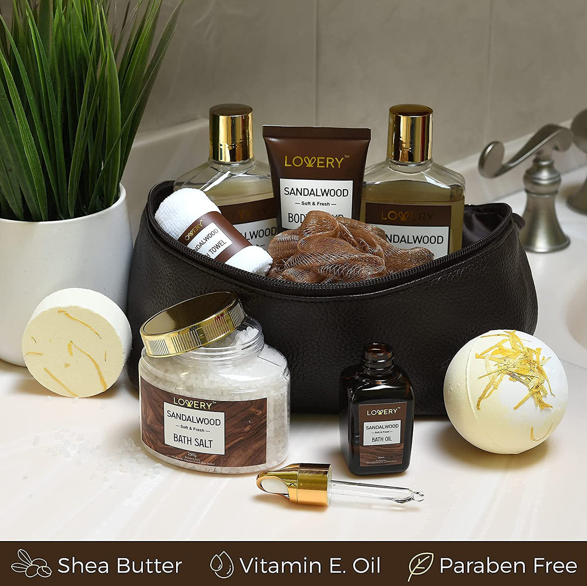 Lovery Gifts for Him, Sandalwood Bath Gift Set, Personal Self Care Spa Kit, Relaxing Man Gift Basket for Dad, Shower Gel, Bubble Bath, Body Oil, Bath