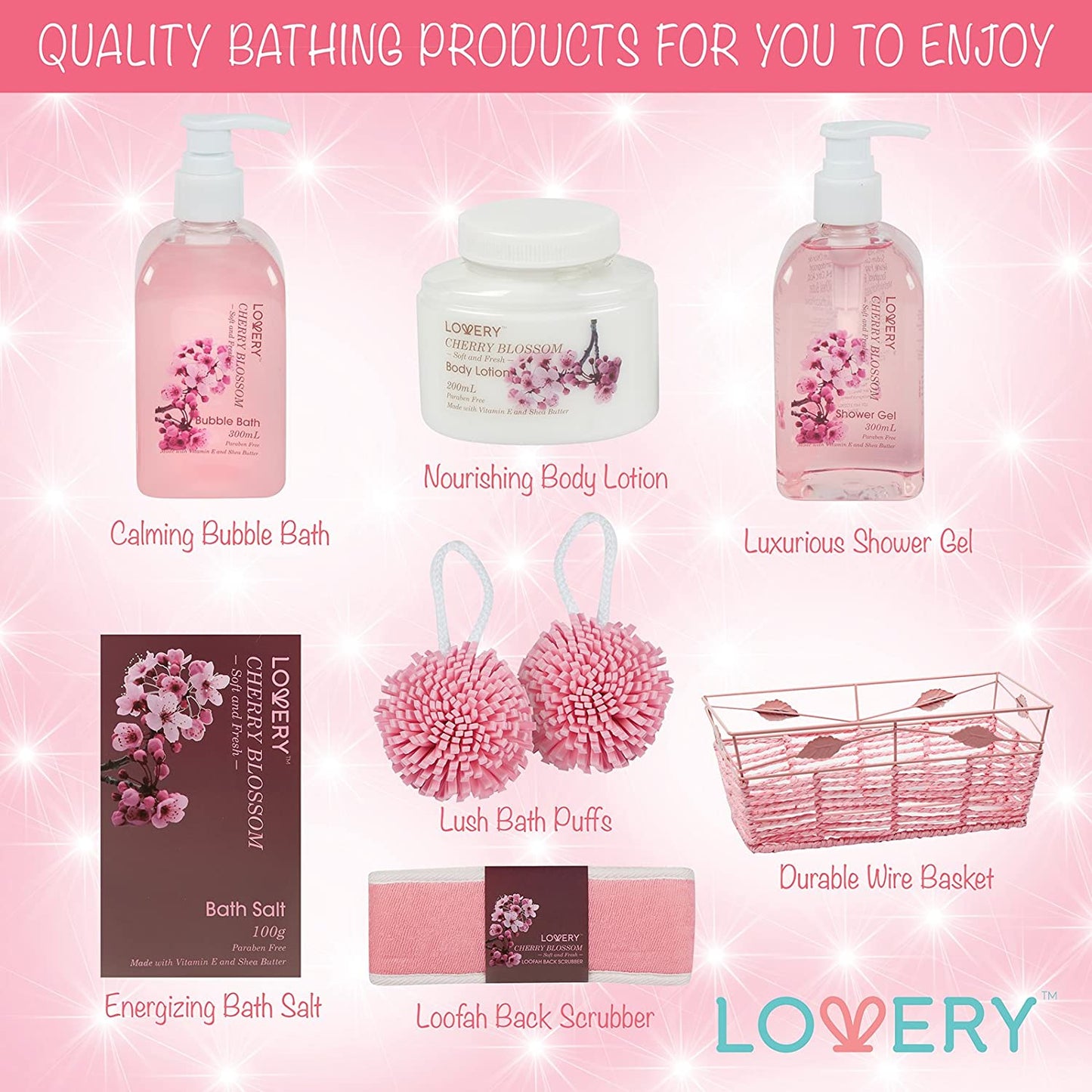 lovery home spa basket, home spa basket, Cherry Blossom Bath Set, chic cherry blossom spa basket, 7-piece cherry blossom spa kit, Shea-enriched bath set, Vitamin E infused spa products, Paraben-free cherry blossom set, luxurious cherry blossom spa essentials, gift-ready cherry blossom bath package, all-natural cherry blossom spa items, eco-friendly cherry blossom bath kit