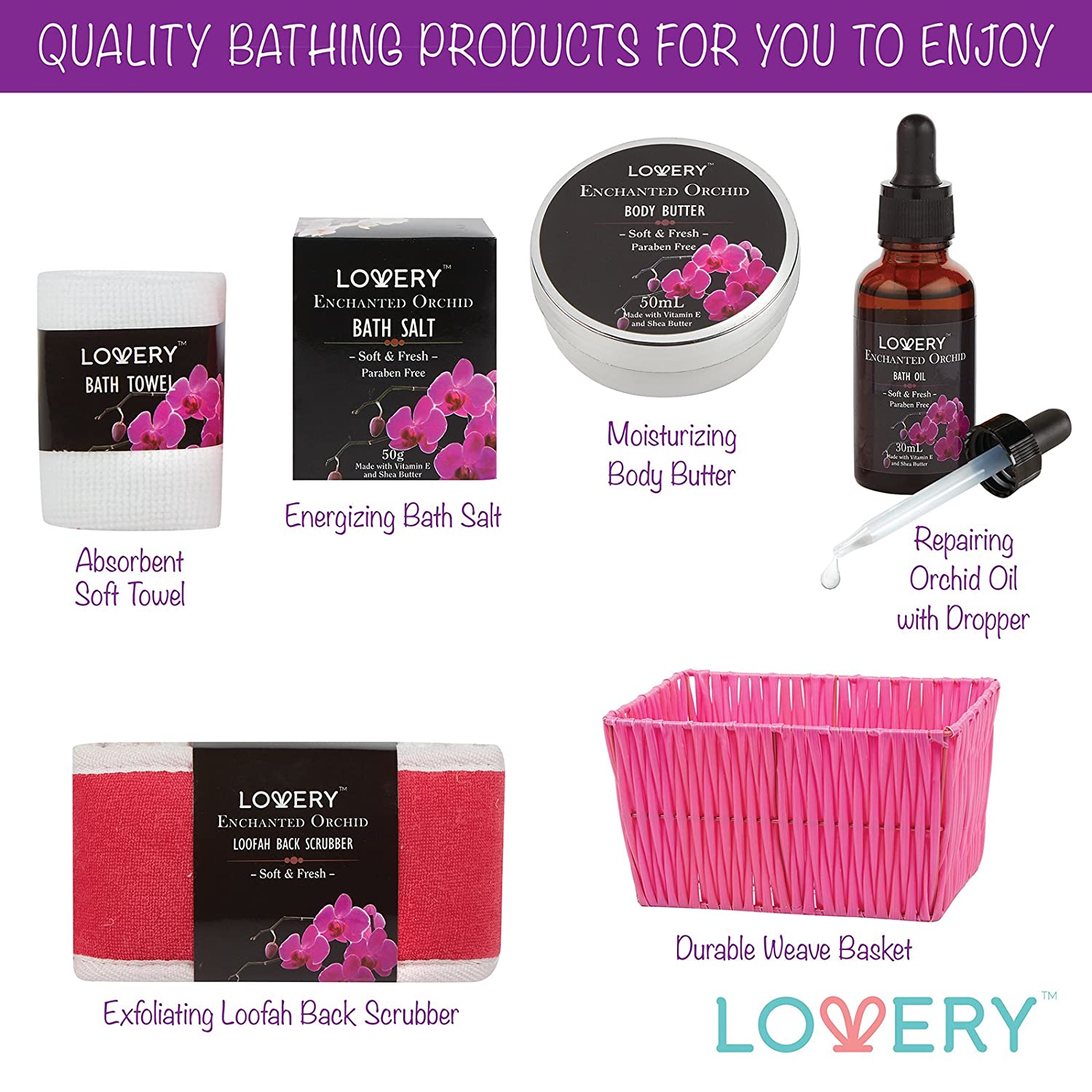 Lovery Enchanted Orchid Gift Basket, Orchid Gift Set, Enchanted Orchid Bath and Body Gift Basket, Orchid Body Kit, Bath and Body Cosmetics, All Natural, Vitamin E, Shea Butter, Self-Care Package, Hydrating Skin Care, Gift Bath Set, Perfect Gift, Spa Set 
