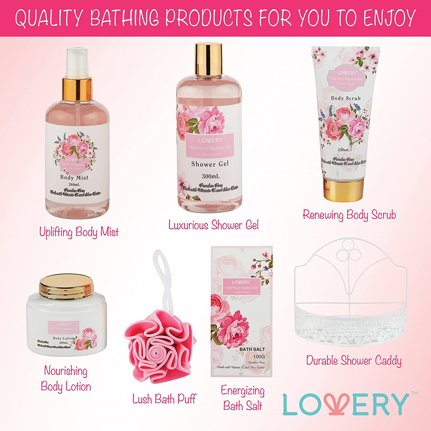 lovery Wild Rose Bath Gift Set, Wild Rose Bath Gift Set, Raspberry & Rose Bath Set, Metal shower caddy, Luxury bath kit items, Wild Rose spa essentials, Raspberry Leaf bath products, Complete spa set view, Lovery's spa kit display, Rose-infused spa products, Bath set with caddy, Elegant bath gift contents